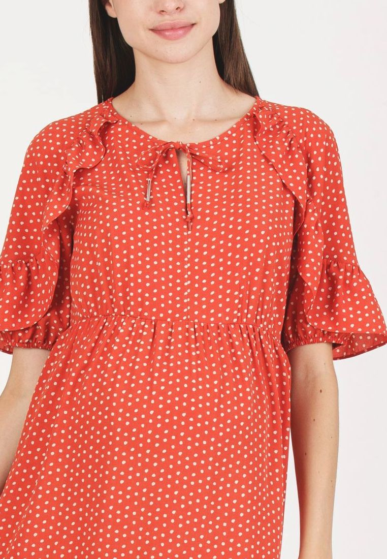 TINA - Abito Premaman & Allattamento con Volant sulle Maniche e Gonna a Balze (Rosso Mattone, XS)