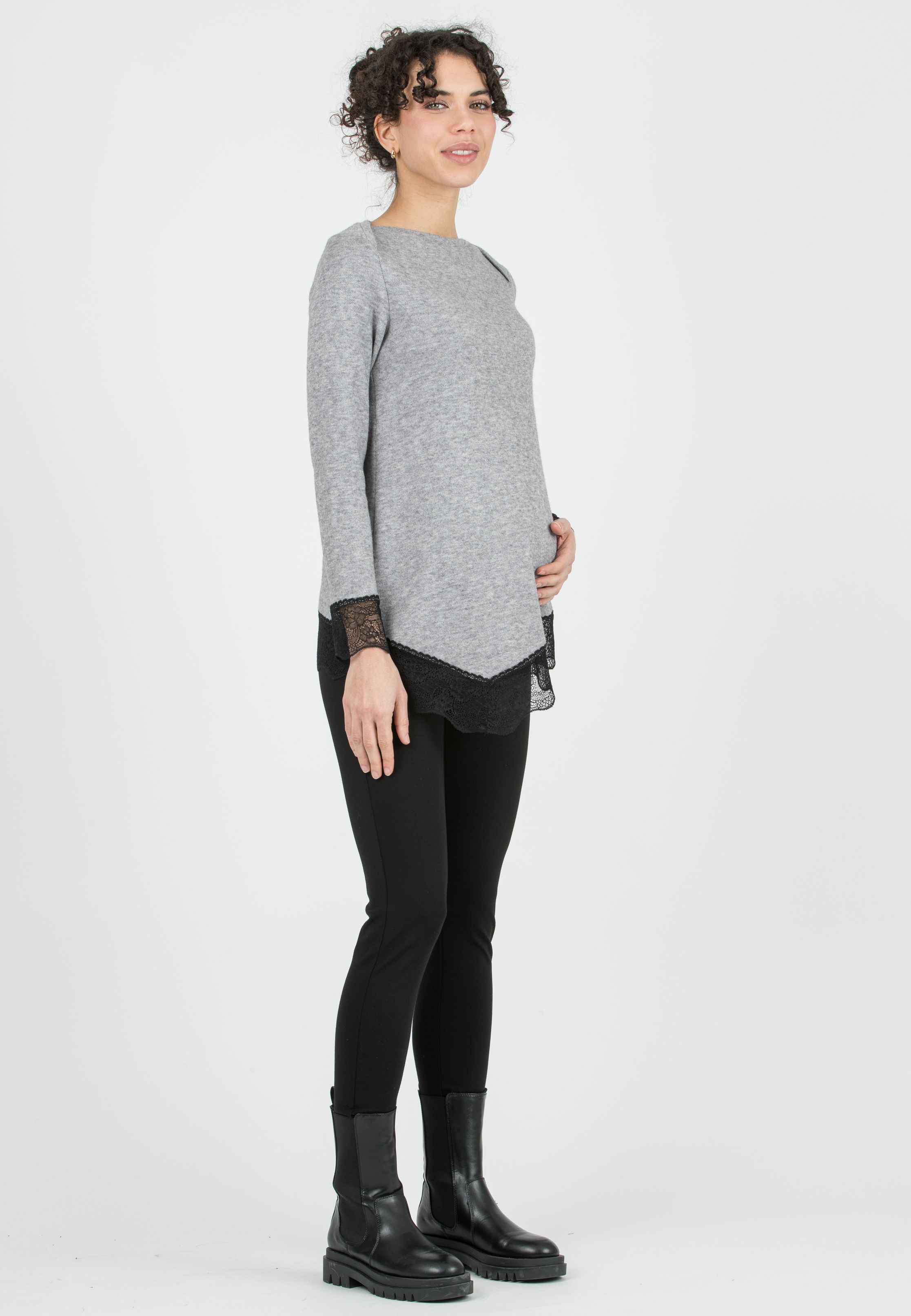 ERIKA - Asymmetric Maternity Top with Lace Details (Grigio Melange)
