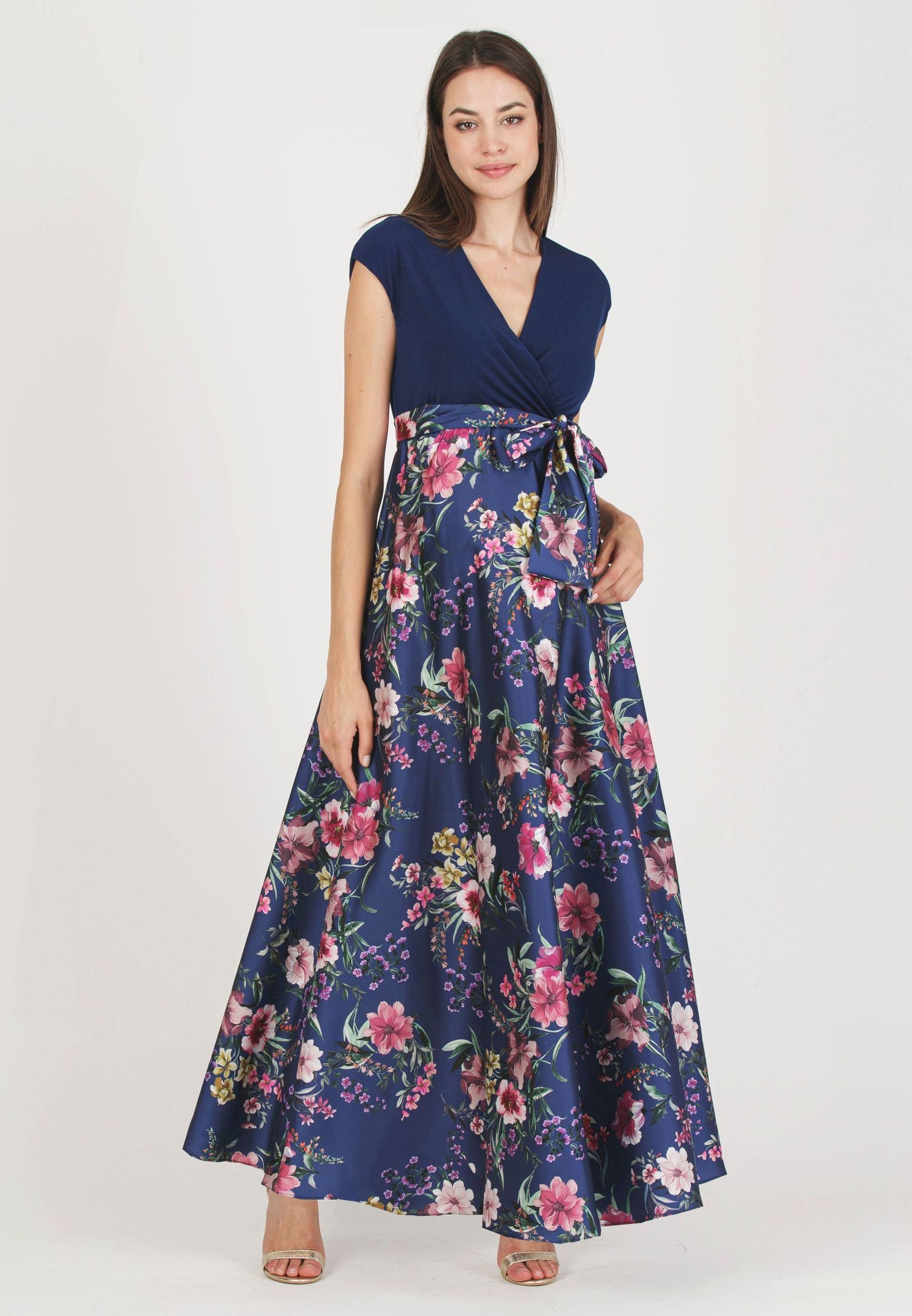 LUCREZIA F - Maternity & Nursing Dress with Printed Satin Skirt (Blue, XS)