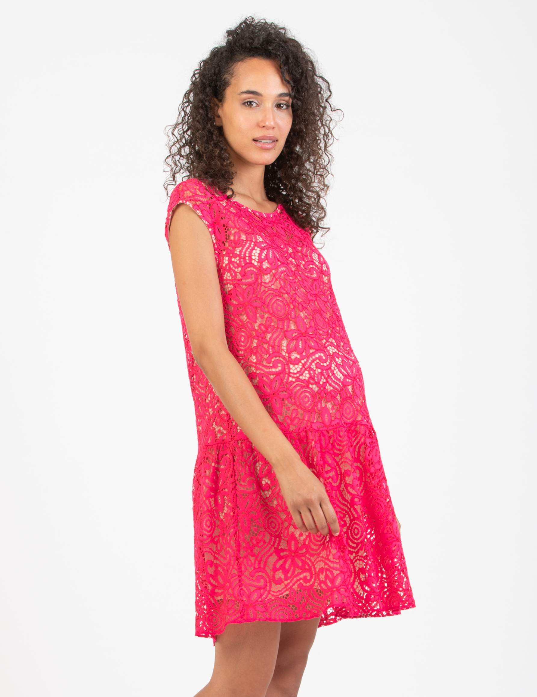 Abito Premaman in Pizzo Ricamato con Fiocco Dietro (Fuxia, XS)