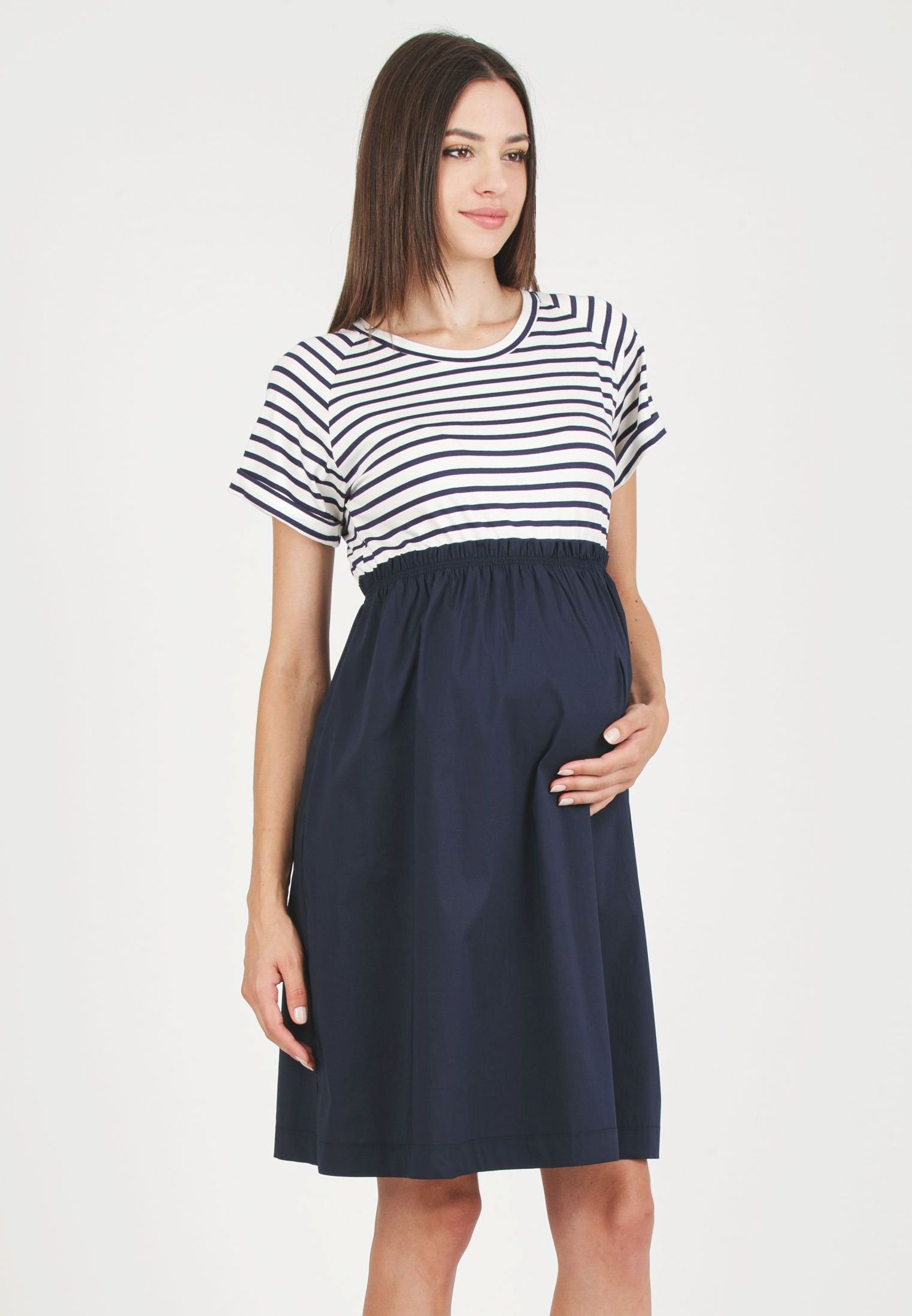 CRISTINA R - Abito Premaman con Corpino in Jersey a Righe e Gonna in Cotone (Blu, XS)