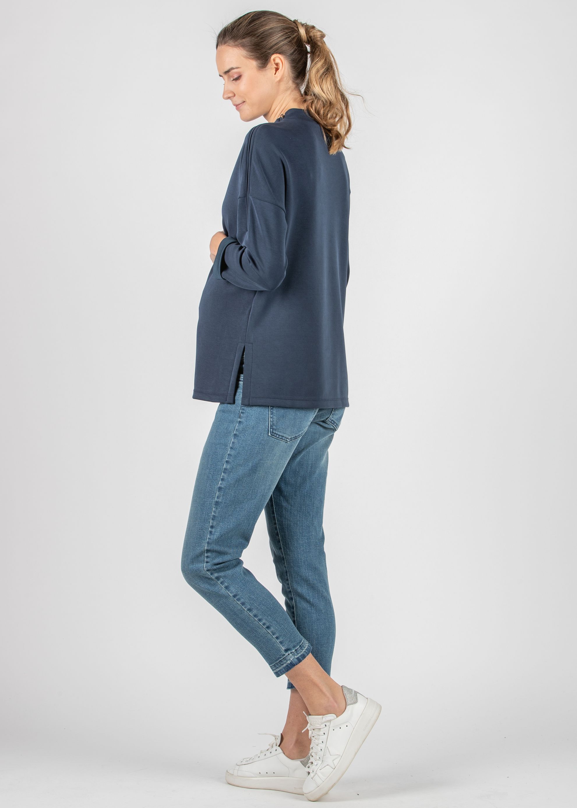 Maternity & Nursing Sweatshirt in Modal with Zip on the Shoulder (Denim, XXS)