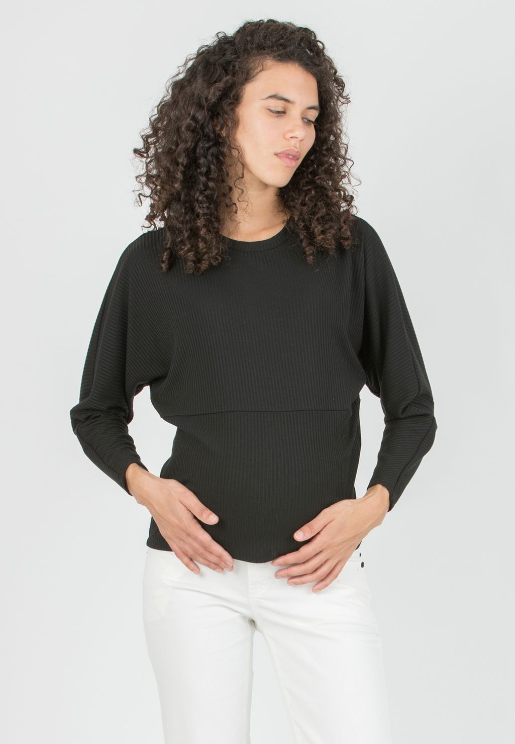 VIRGINIA - Maternity Ribbed Top with Batwing Sleeves (Black, XXS)