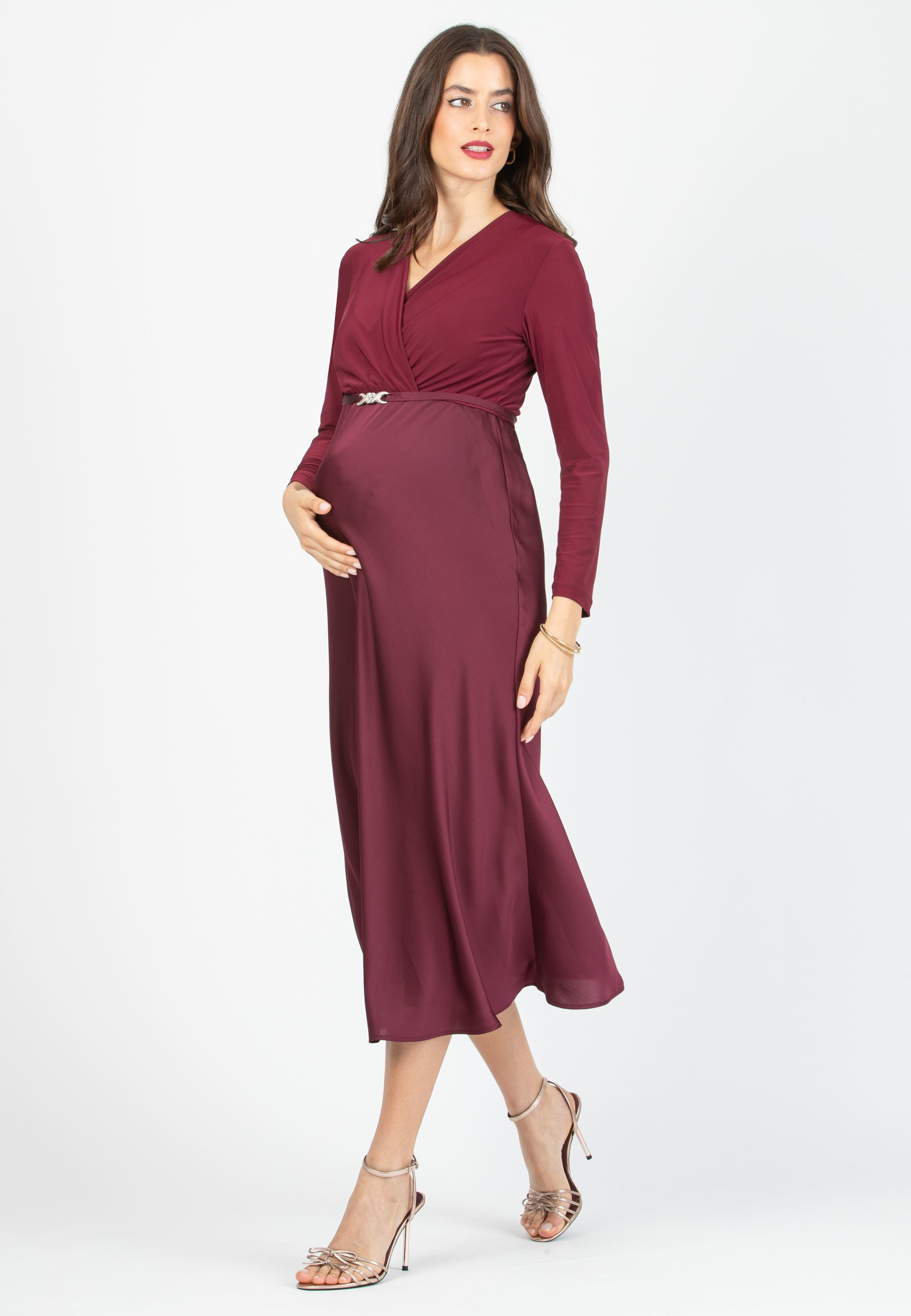 DILETTA M/L - Maternity & Nursing Dress with Crossover Bodice and Satin Skirt (Bordeaux)