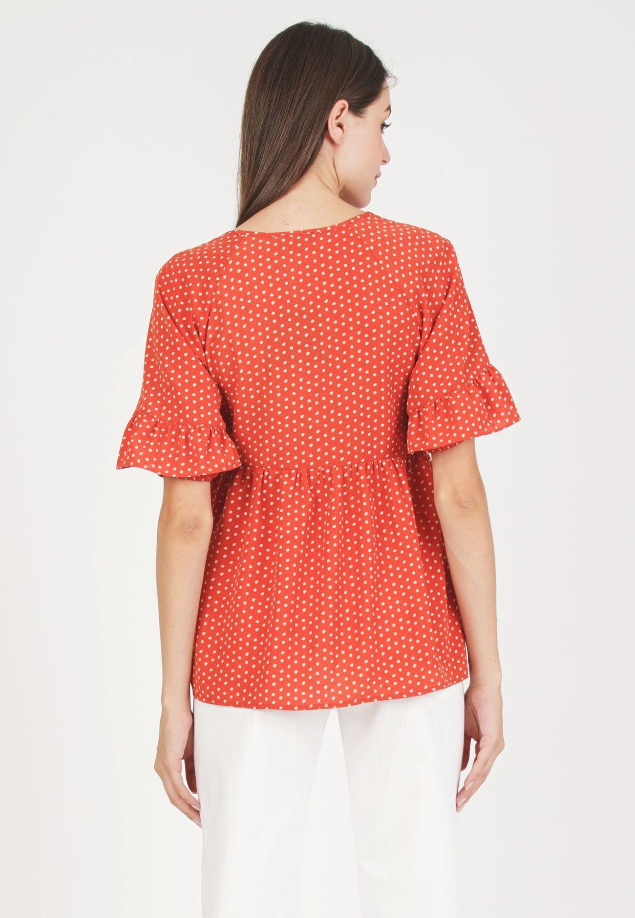 TINA M - Casacca premaman & Allattamento a Pois con Volant (Rosso Mattone)