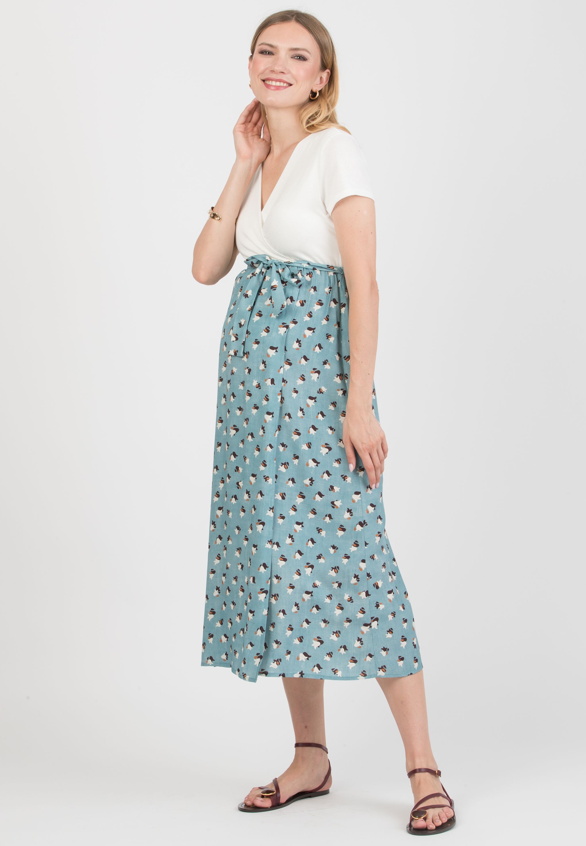 FEDERICA - Maternity Midi Dress with Crossed Neckline and Viscose Wrapped Skirt (Azzurro)
