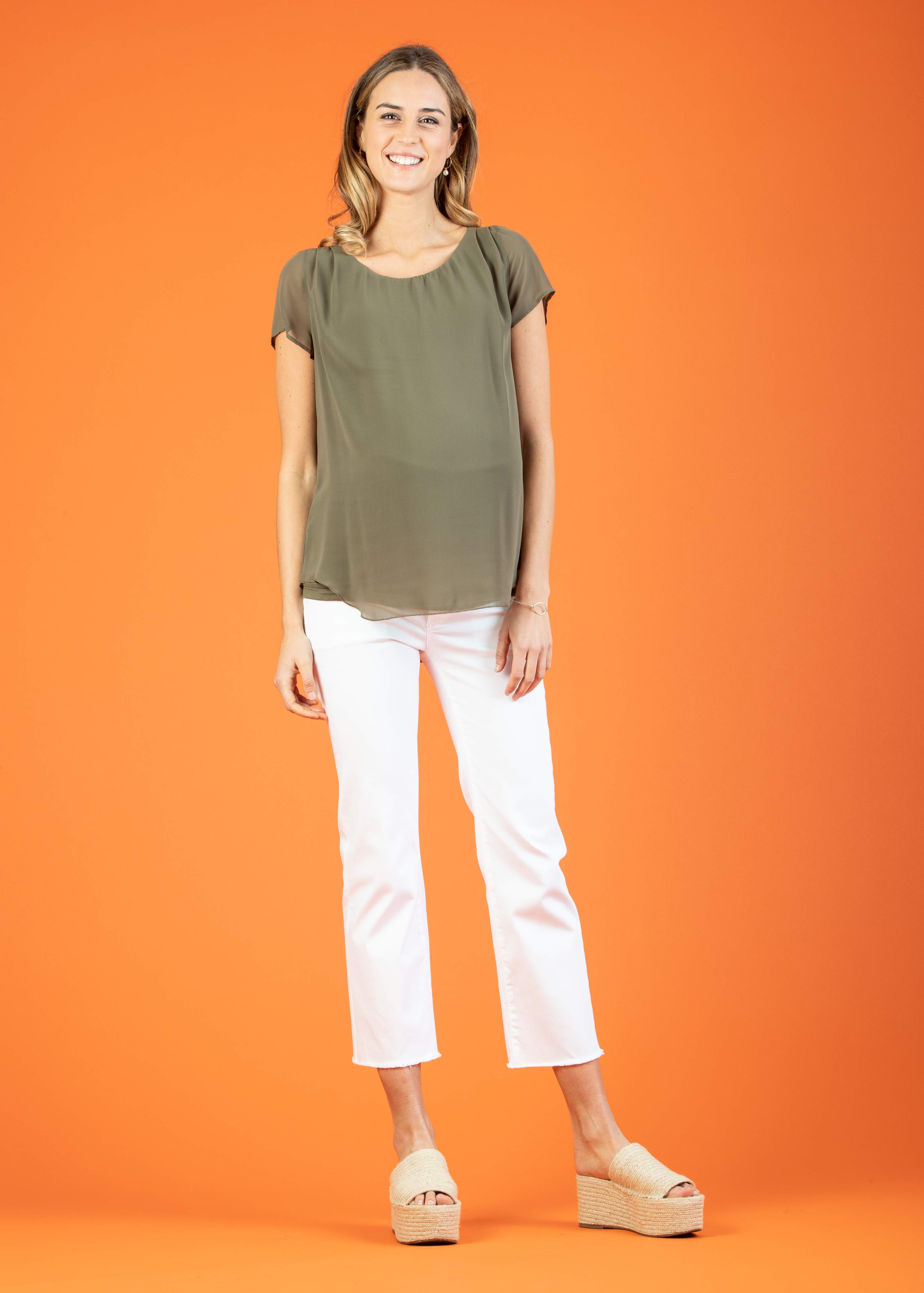 LAURA - Maglietta Premaman a Doppio Strato di Chiffon e Jersey (Verde Militare, XS)