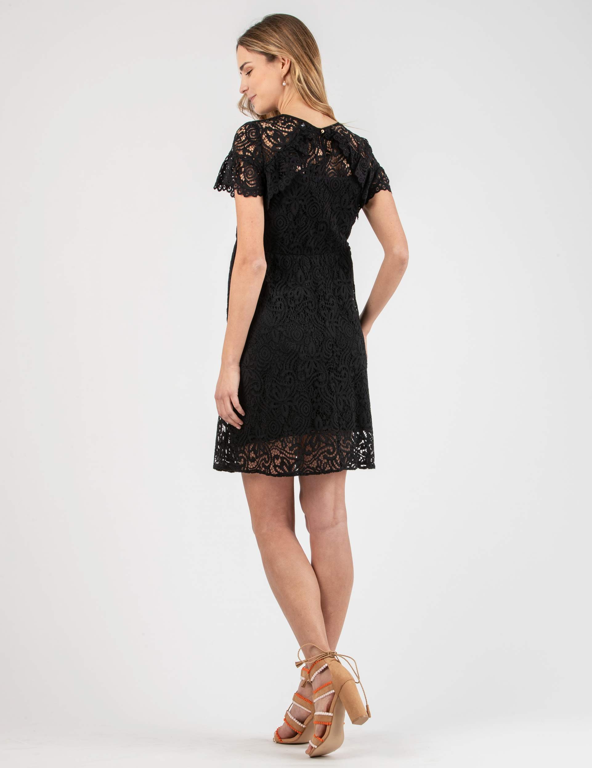 Maternity Dress in Lace with Ruffle Trims (Black, XS)
