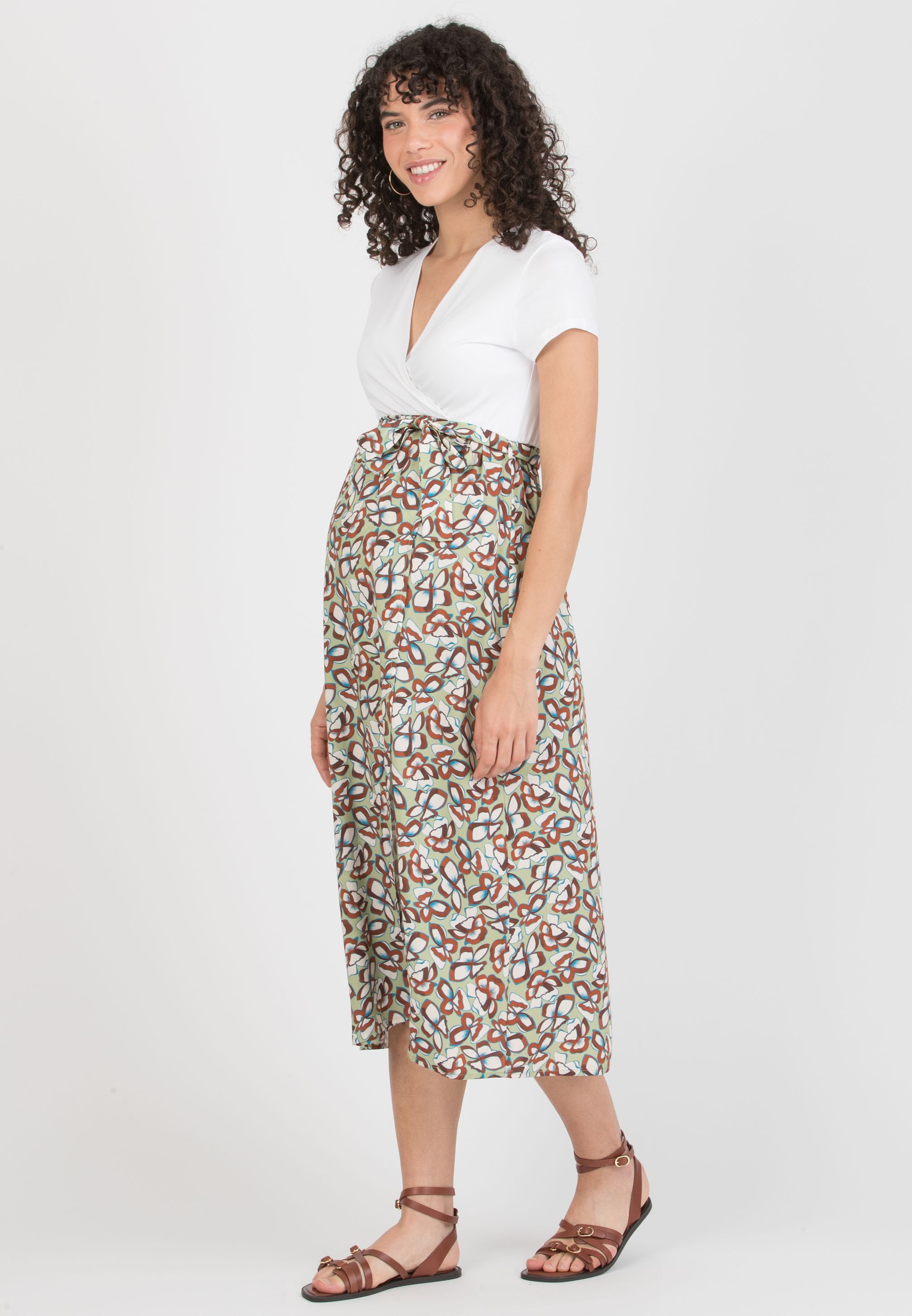 FEDERICA - Maternity Midi Dress with Crossed Neckline and Viscose Wrapped Skirt (Verde Pistacchio)