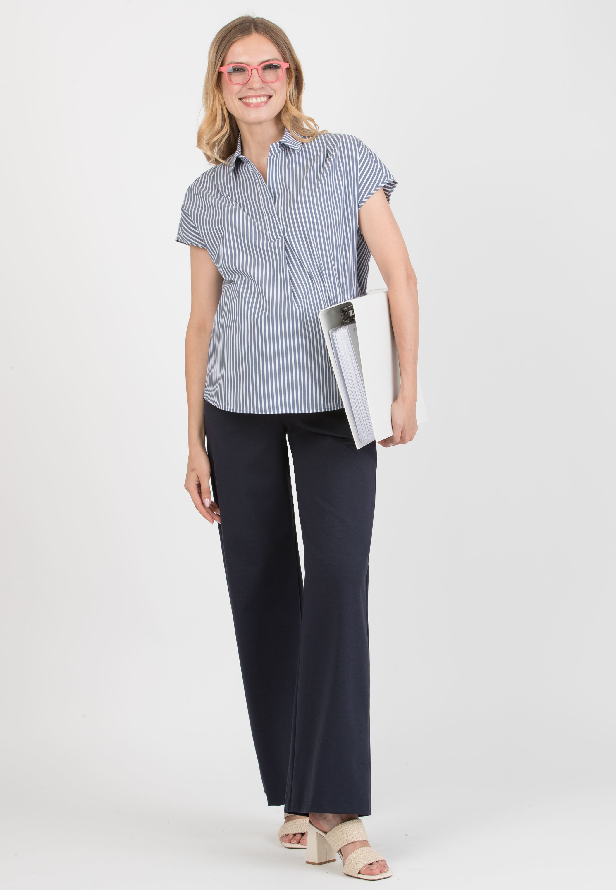 OLIVIA M/M – Oversized Maternity Shirt in Striped Cotton Poplin (Blue, XXS)