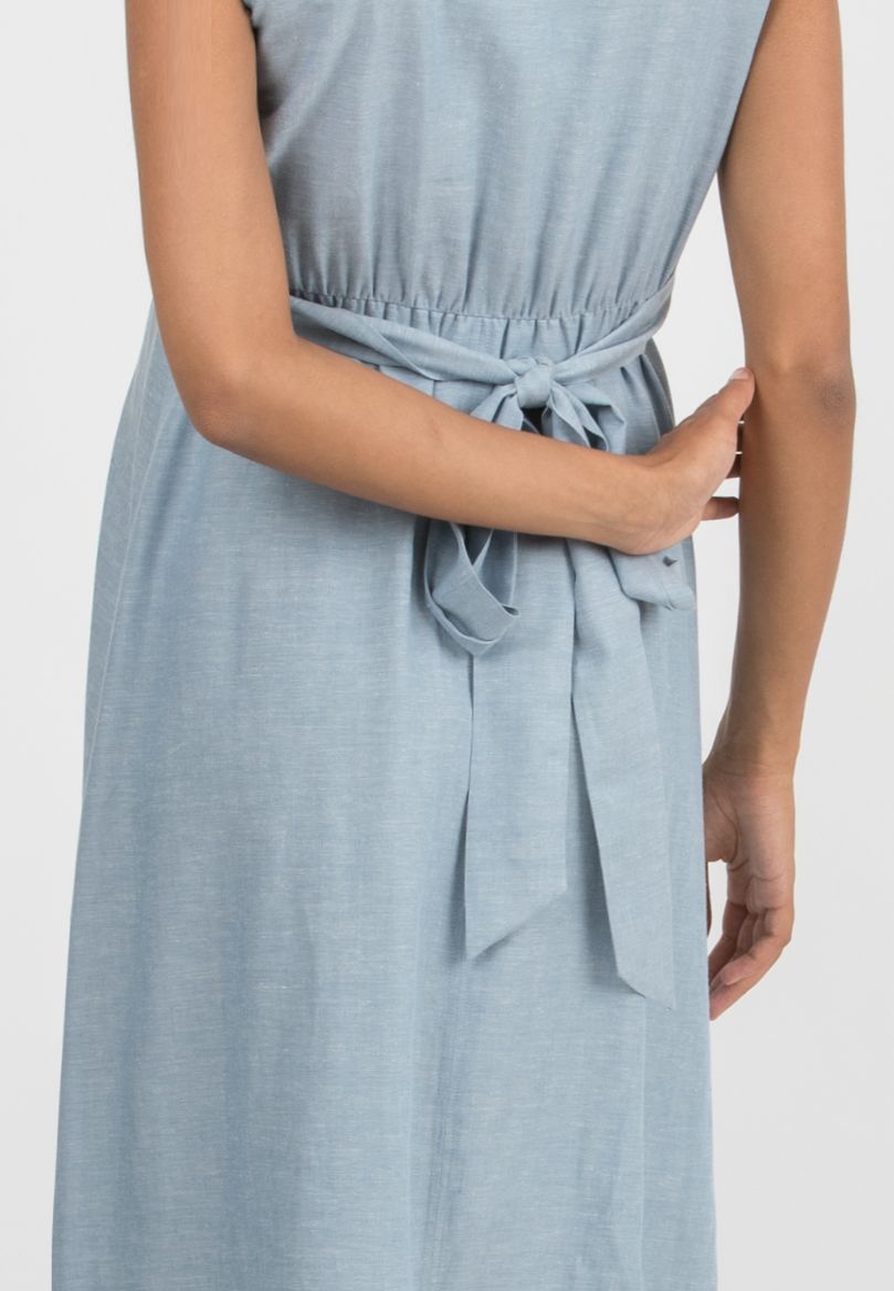 ANNALISA - Abito Premaman & Allattamento in Lino con Fusciacche incrociate (Azzurro)