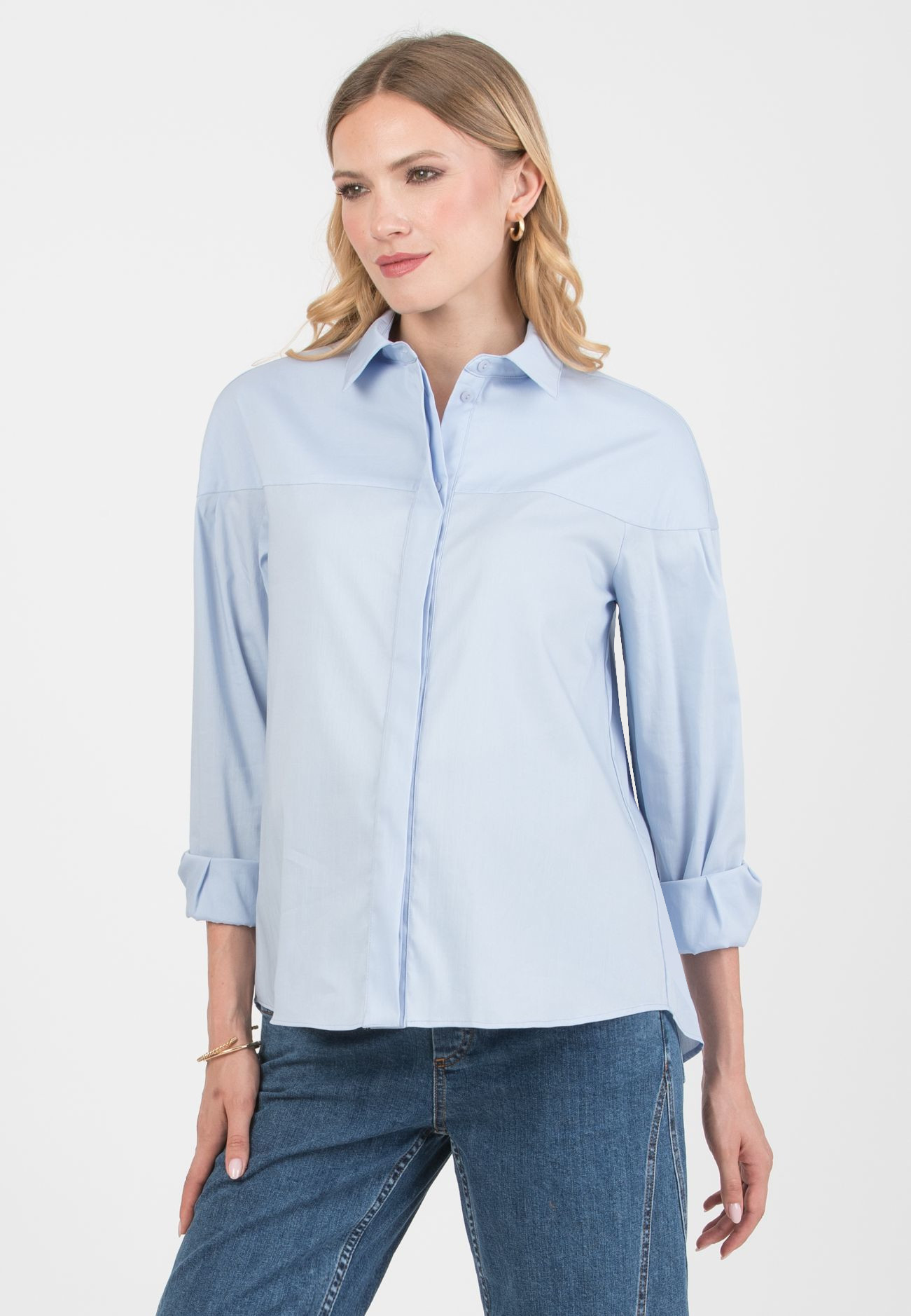 CAROLINA – Camicia Premaman & Allattamento in Cotone Elasticizzato con Carrè e Polsini (Azzurro)