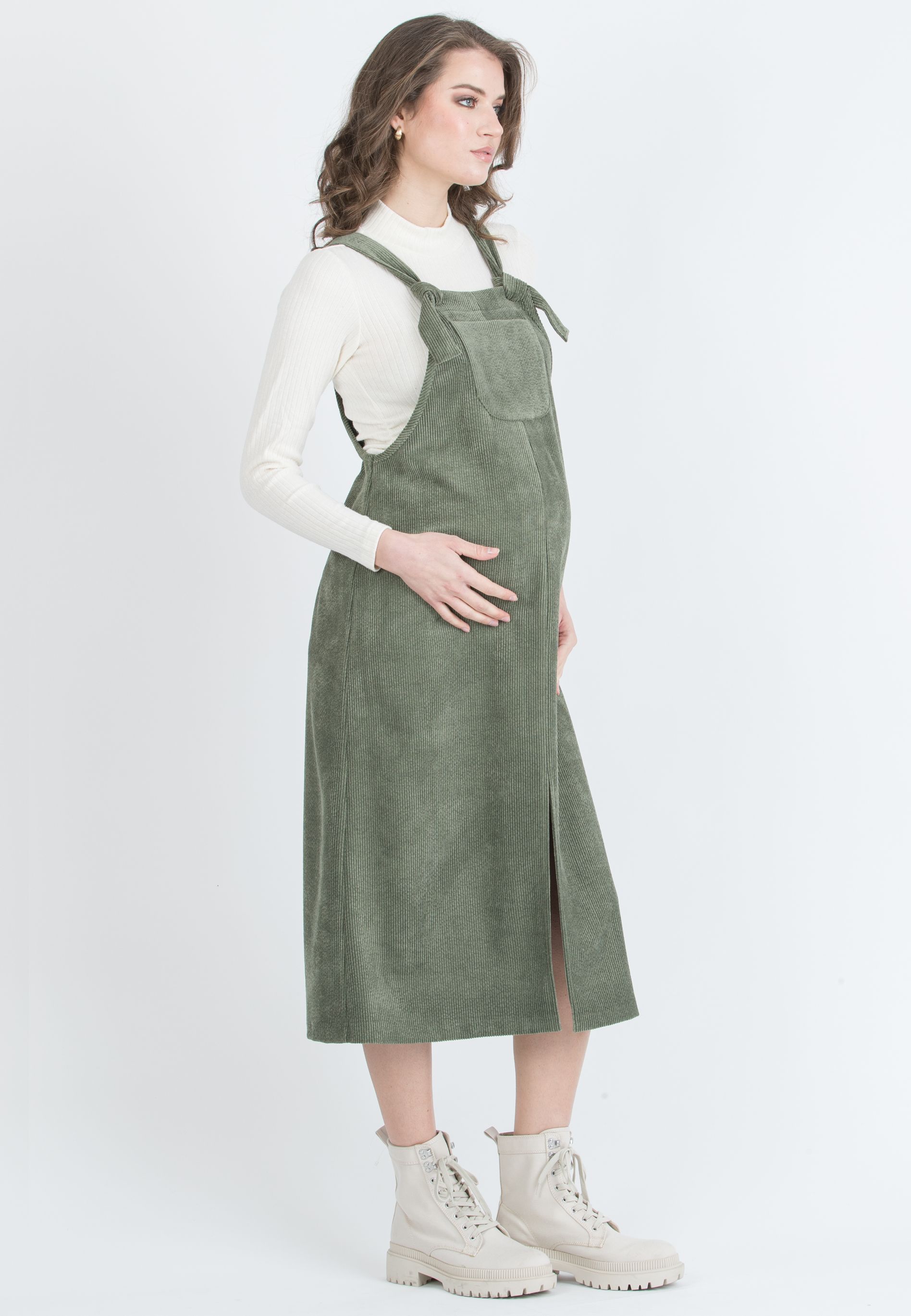 PAMELA – Maternity Corduroy Pinafore (Verde Kaki)