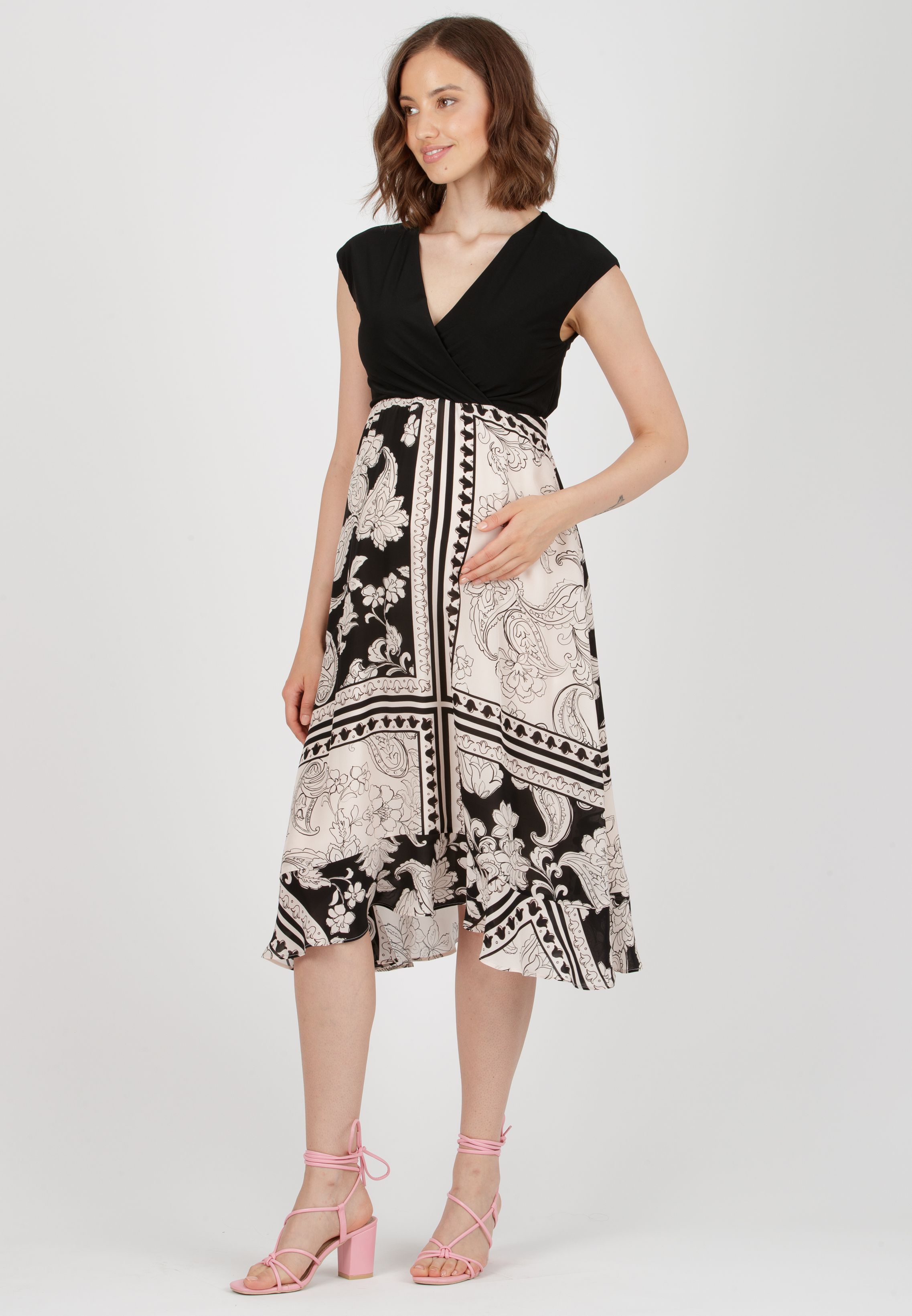 MARTA - Maternity Dress with Printed Skirt (Black, XS)