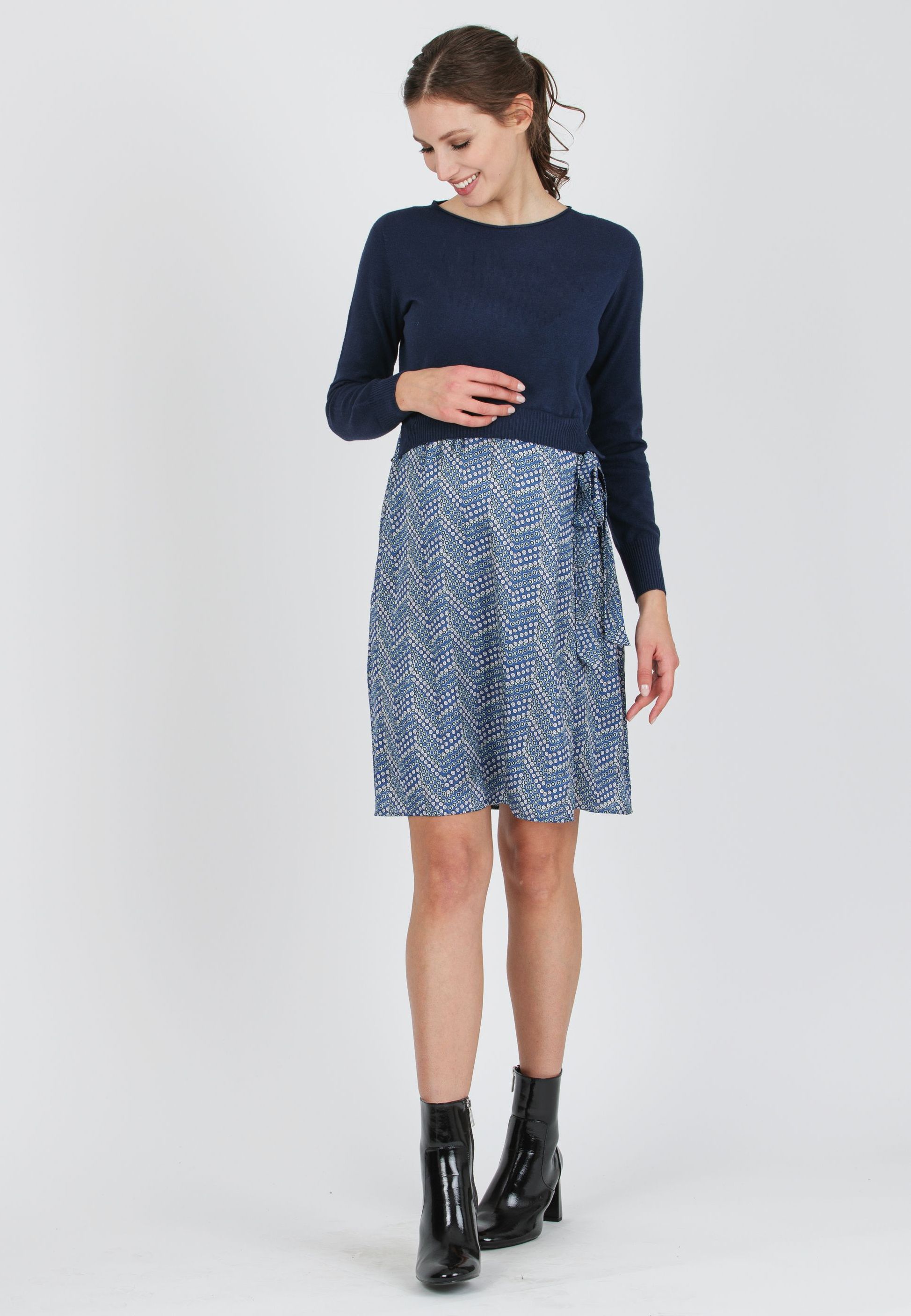 APRIL - Abito Premaman con Corpino in Maglia e Gonna in Raso (Blu, XS)
