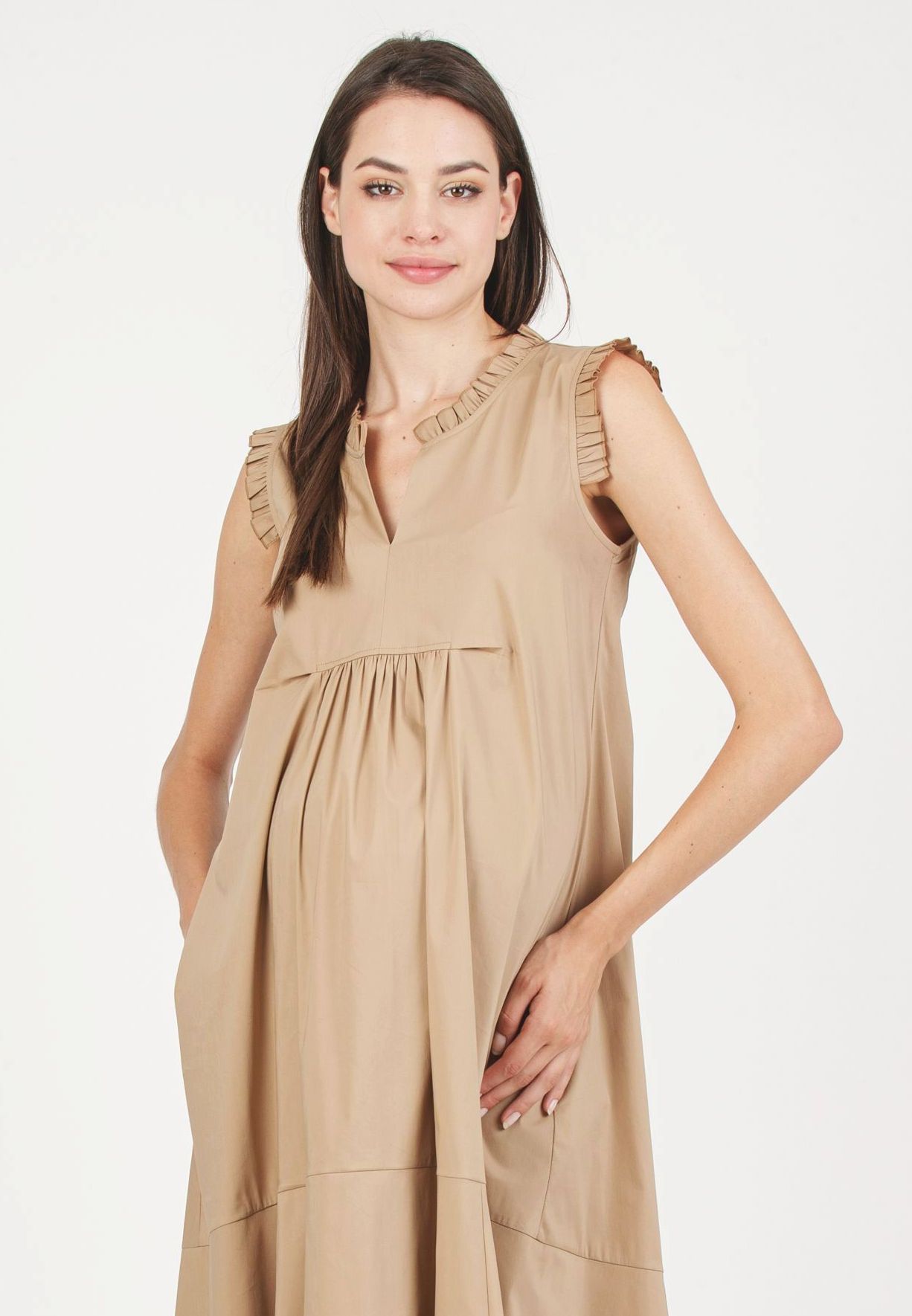 SOFIA MIDI - Maternity Midi Dress in Cotton Poplin with Ruffles (Camel, XS)
