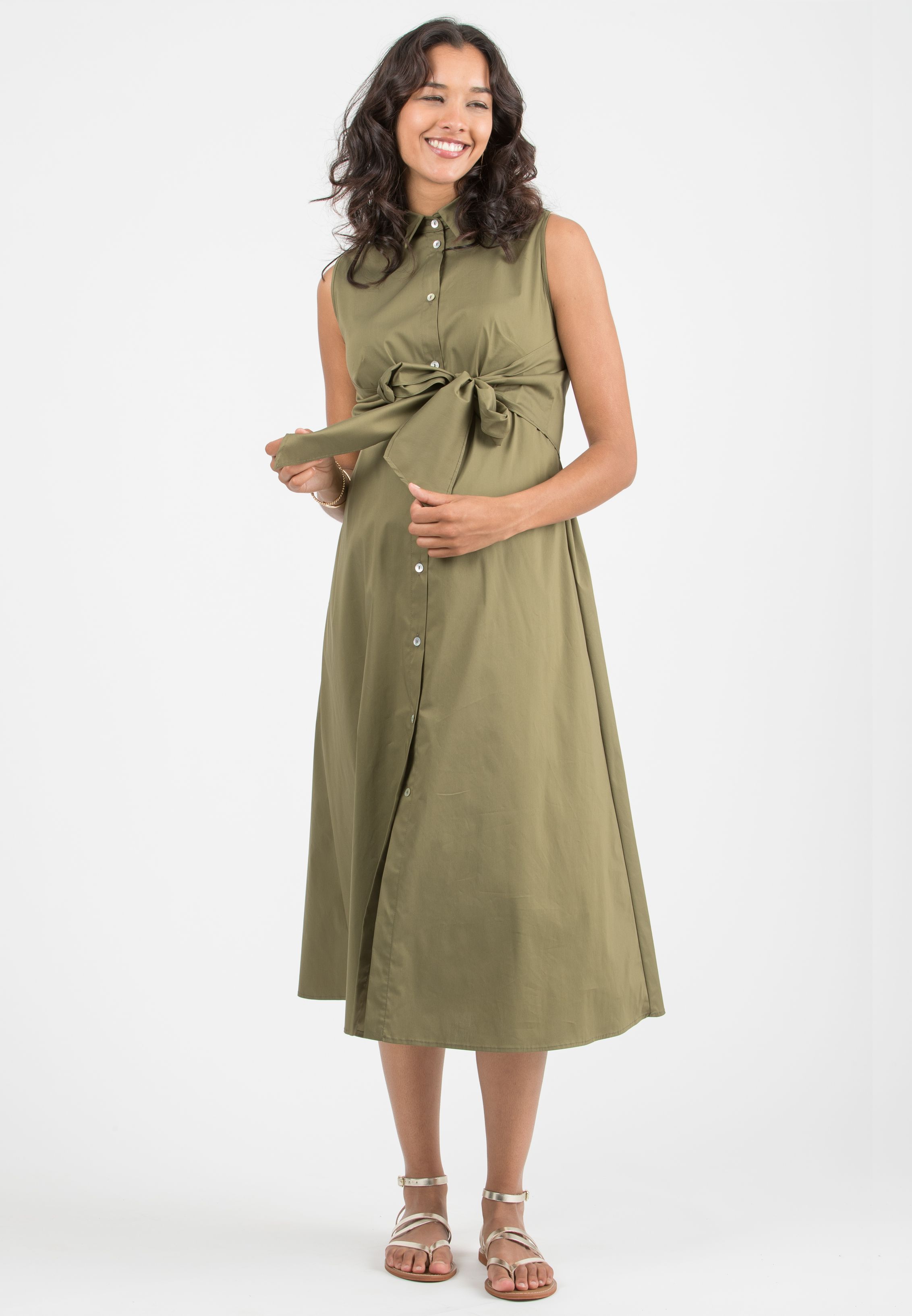 MICHELA – Maternity & Nursing Shirt-Style Dress (Army Green, XXS)