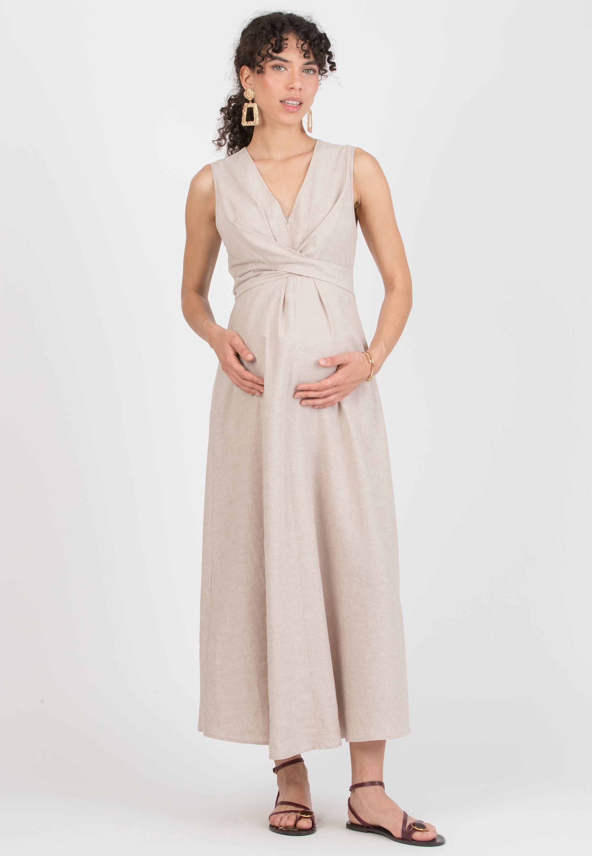 ANNALISA - Abito Premaman & Allattamento in Lino con Fusciacche incrociate (Ecru')