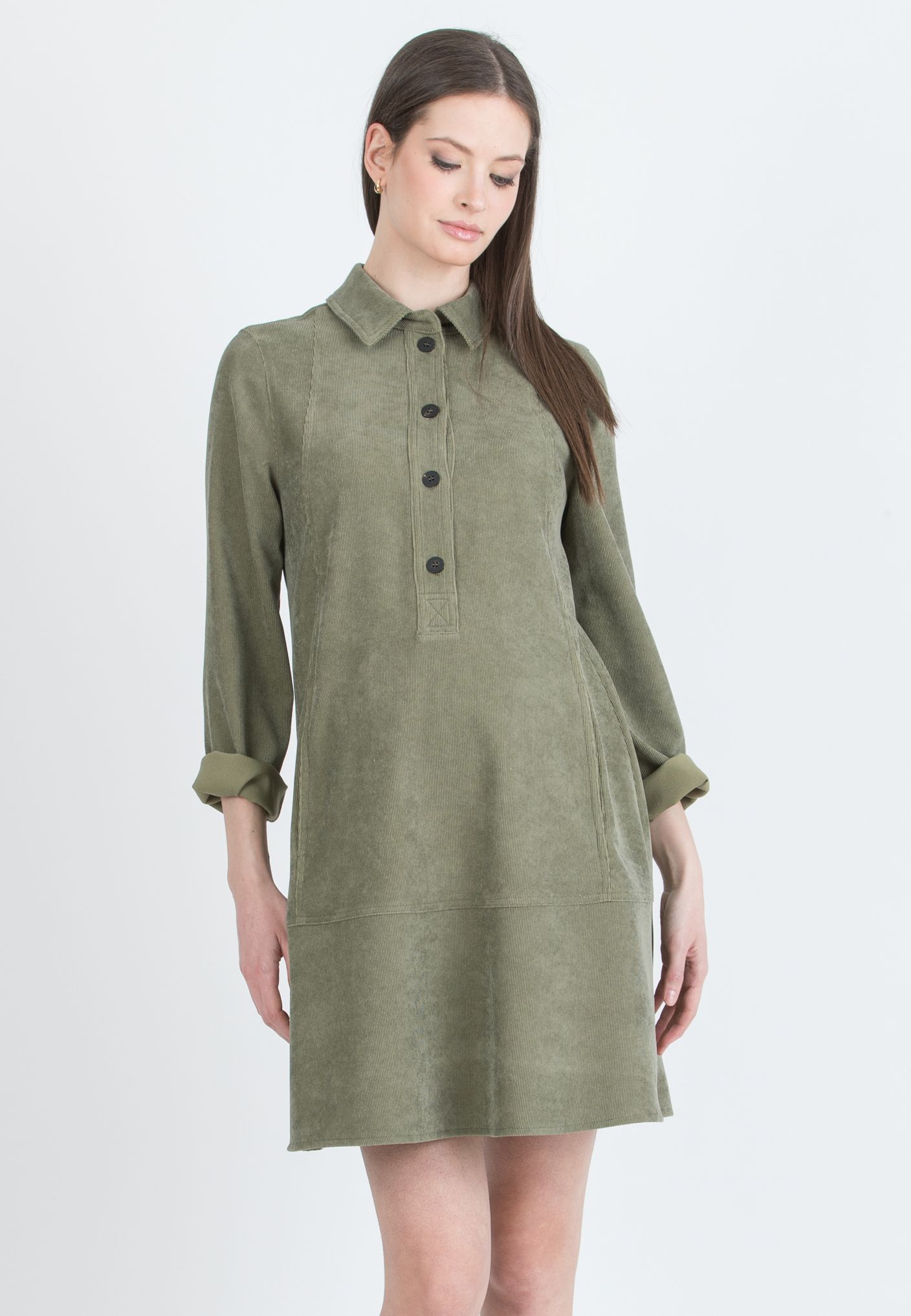 GRETA – Abito Camicia Premaman & Allattamento in Velluto (Verde Militare, XS)