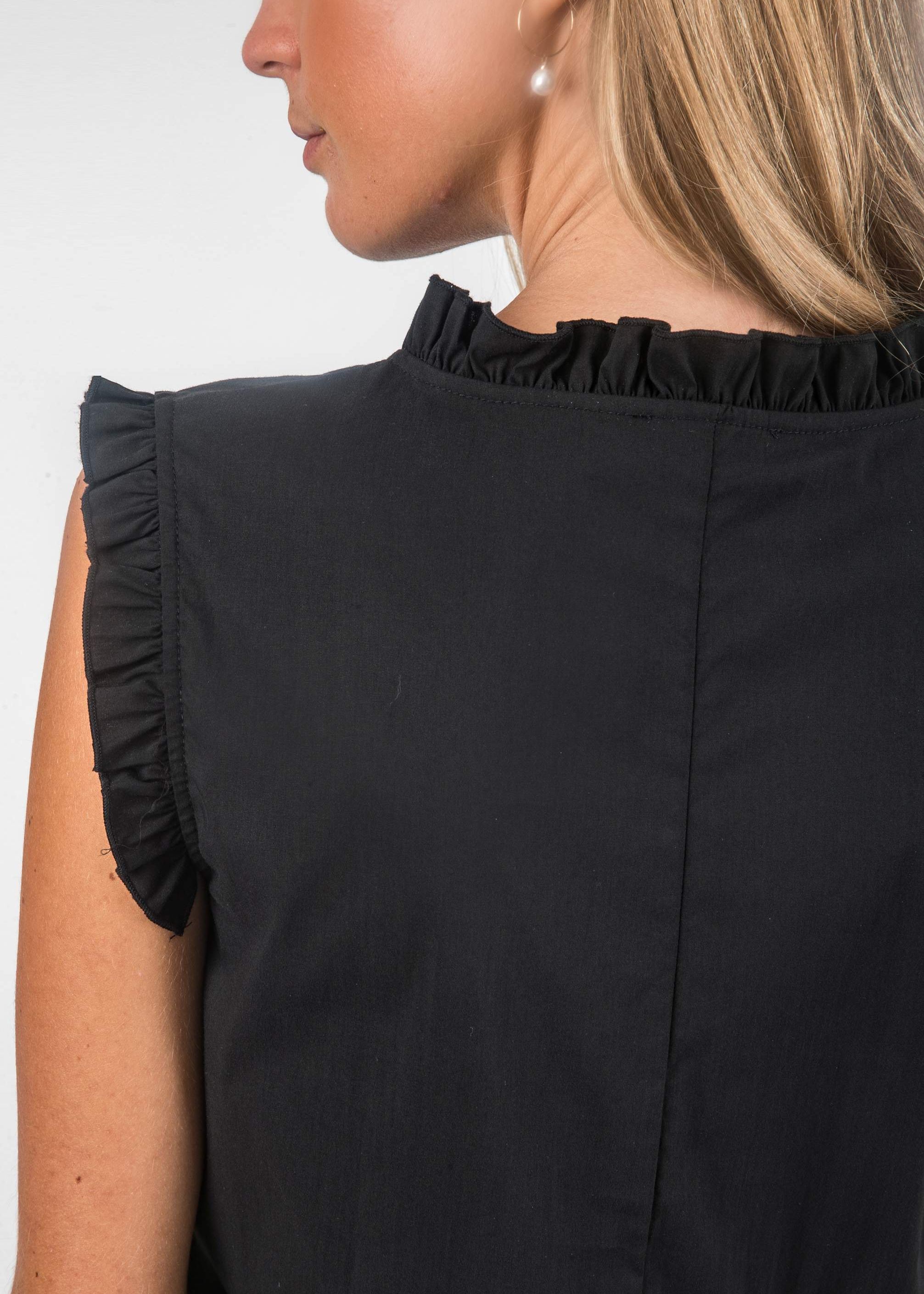Maternity Dress in Cotton Poplin with Frill Trims (Black, XS)