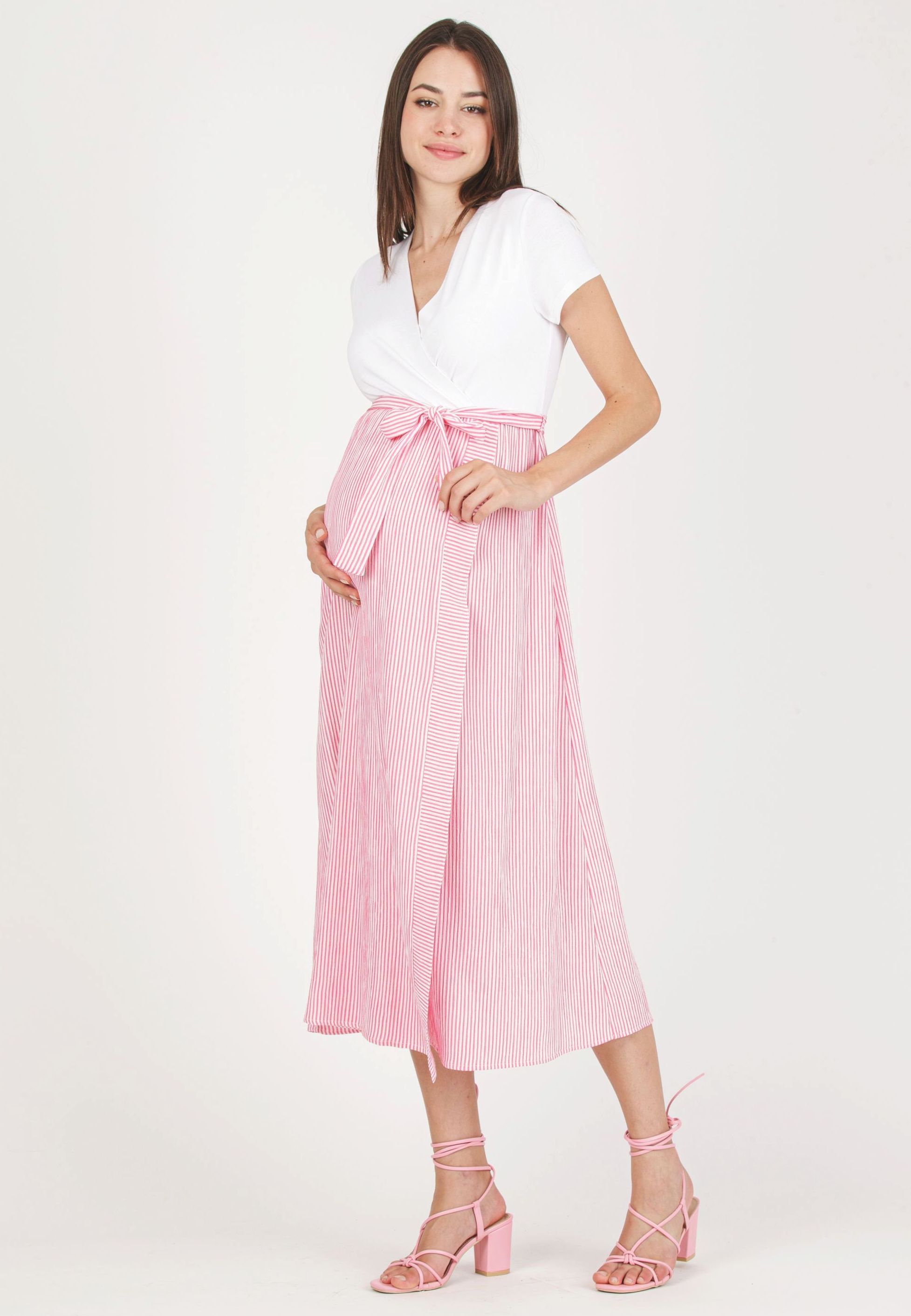 FEDERICA R - Abito Premaman & Allattamento con Corpino Incrociato e Gonna a Righe (Fuxia, XS)