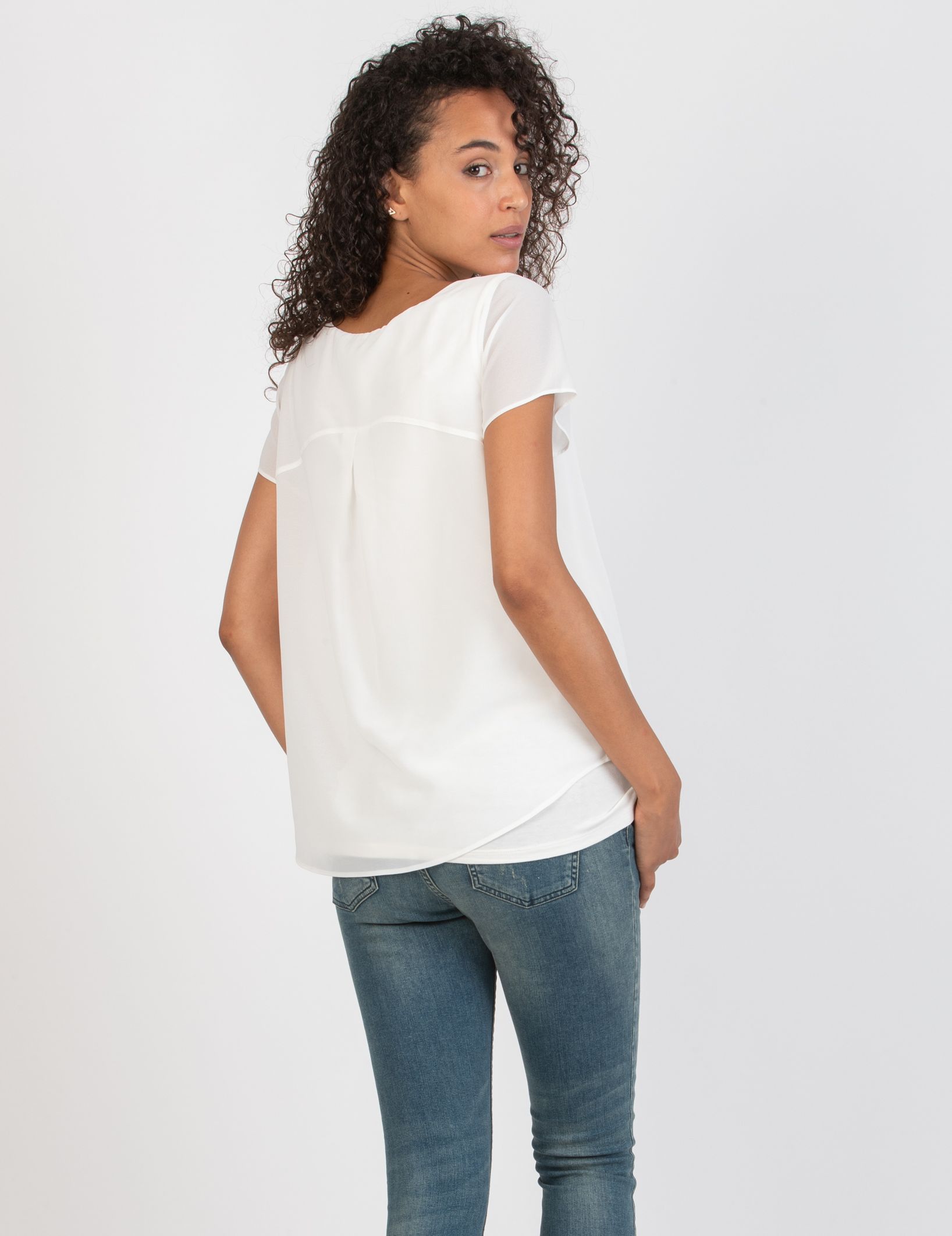 LAURA - Maglietta Premaman a Doppio Strato di Chiffon e Jersey (Avorio, XS)