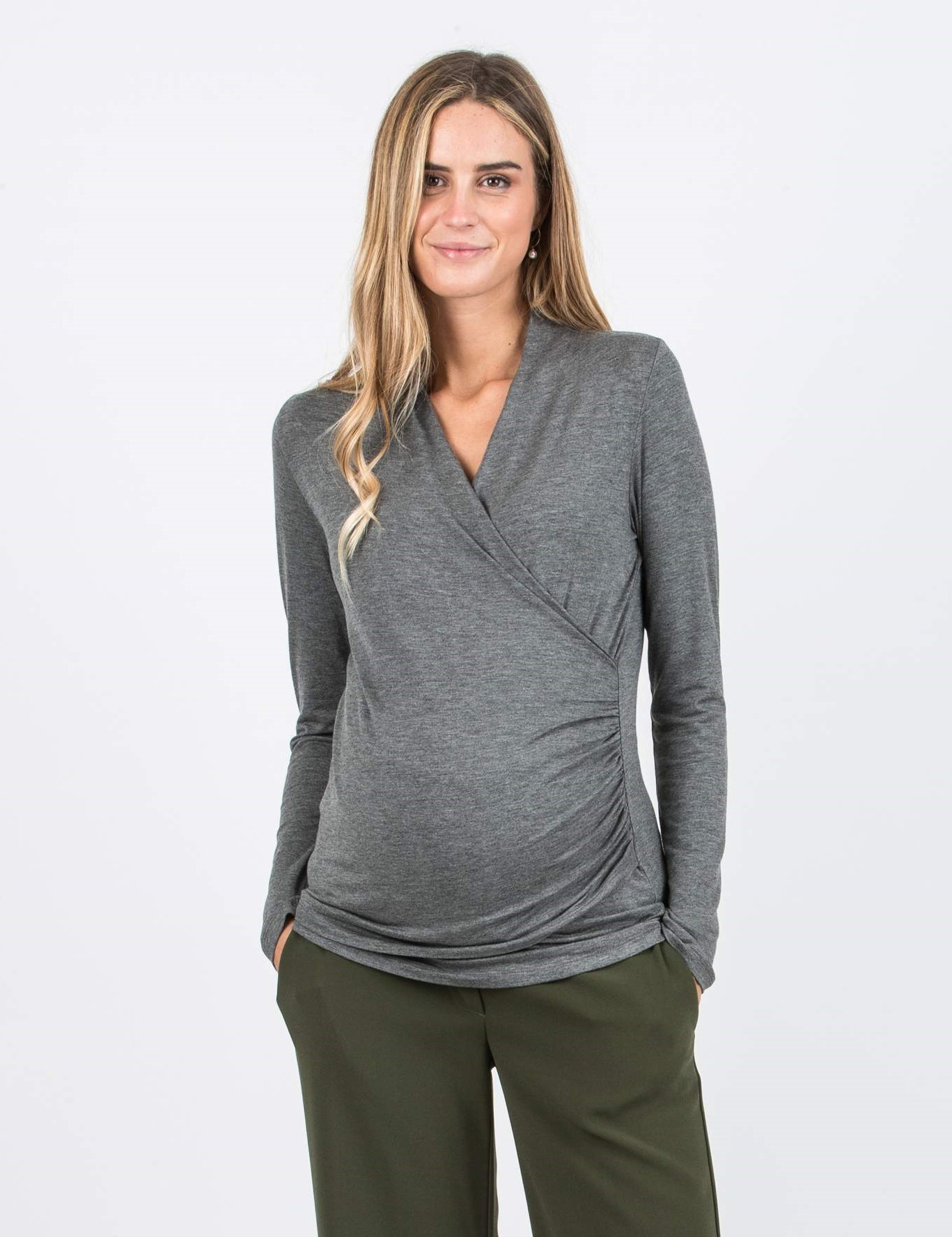 JENNIFER - Maternity & Nursing Top with Crossover Neckline (Heather Grey, XS)