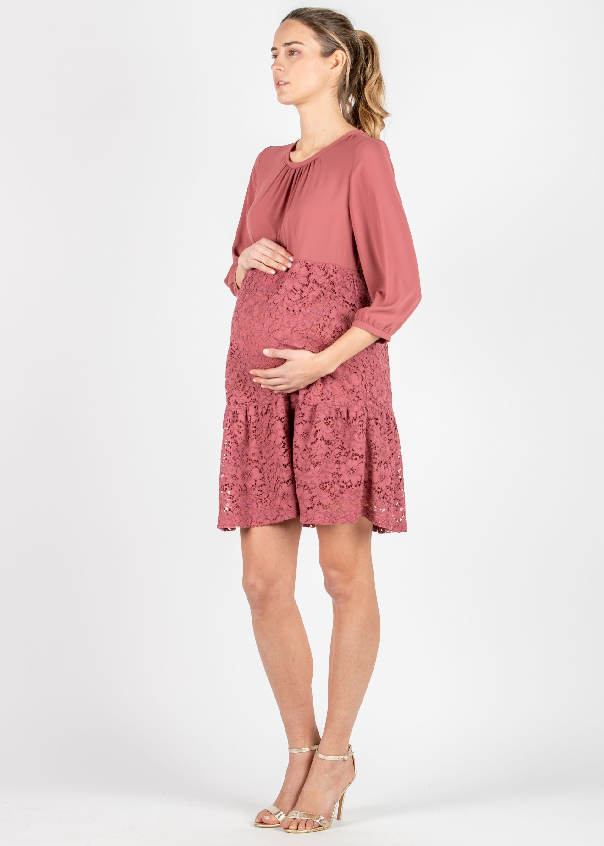 Abito Premaman Svasato in Chiffon e Pizzo con Balza (Cipolla, XS)
