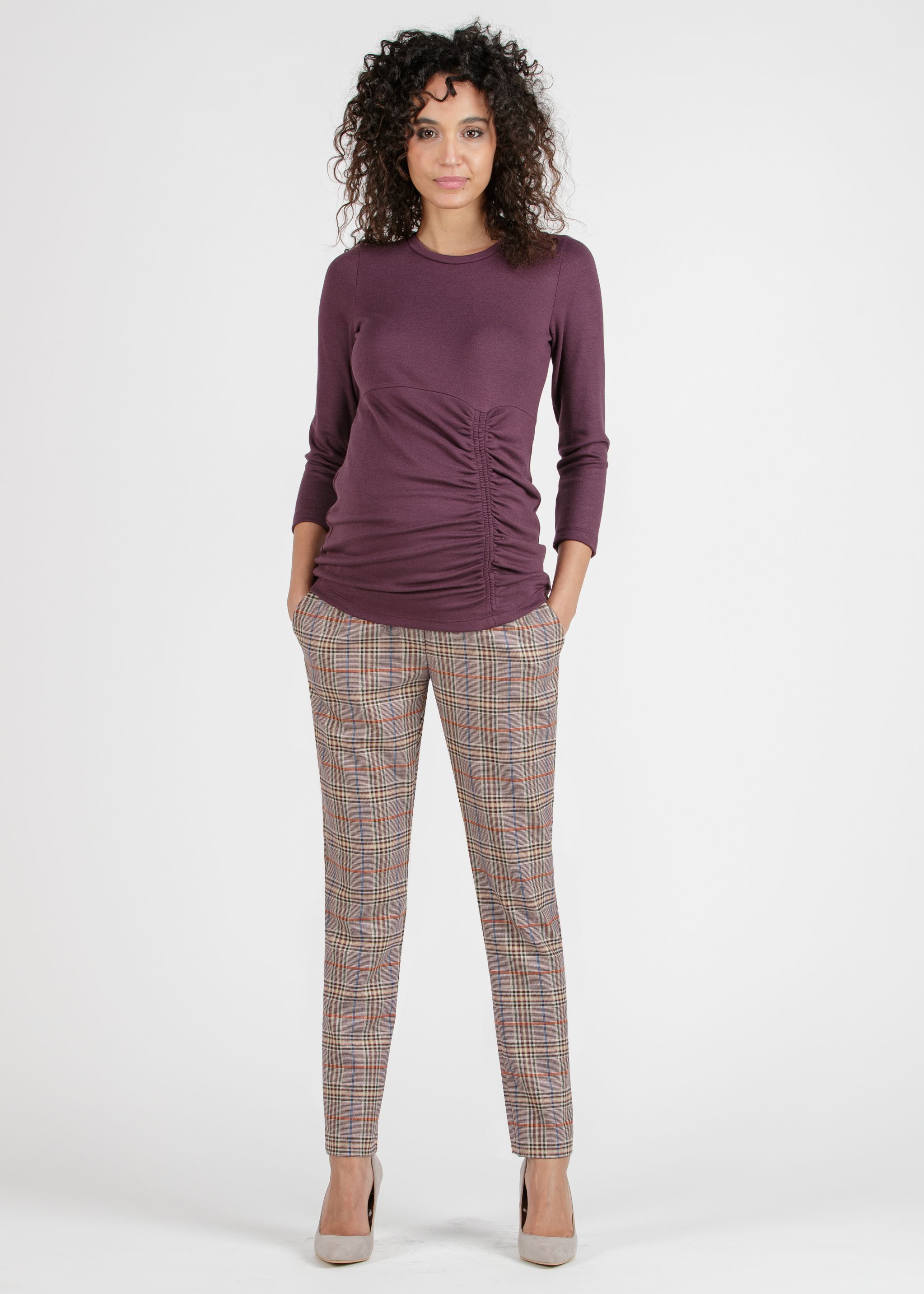 ELISA Q - Pantalone Premaman Slim Fit a Quadri (Bordeaux, XS)