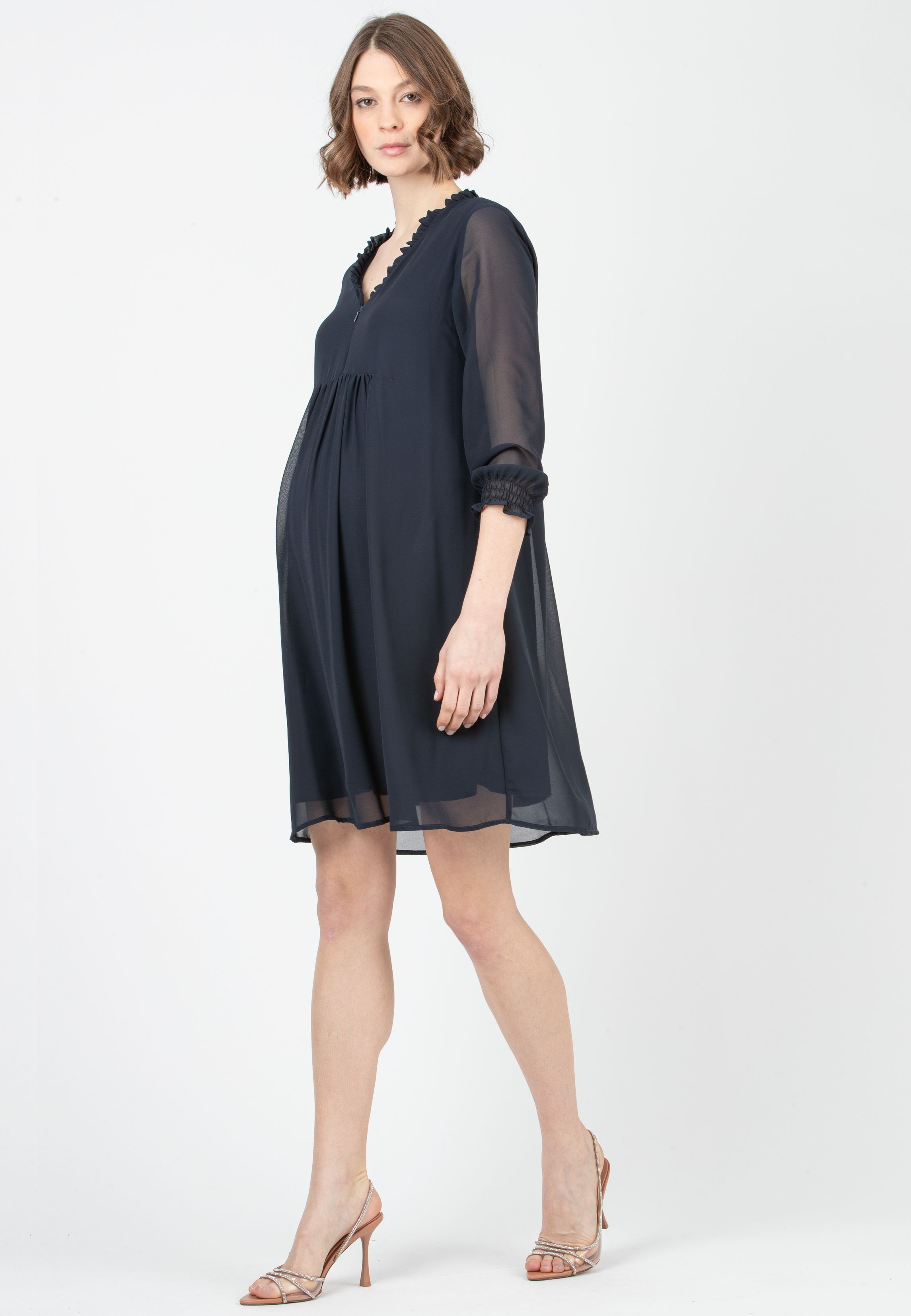 DIANA - Chiffon Maternity & Nursing Dress with Ruffle Trims on the Neck (Dark Blue, XS)