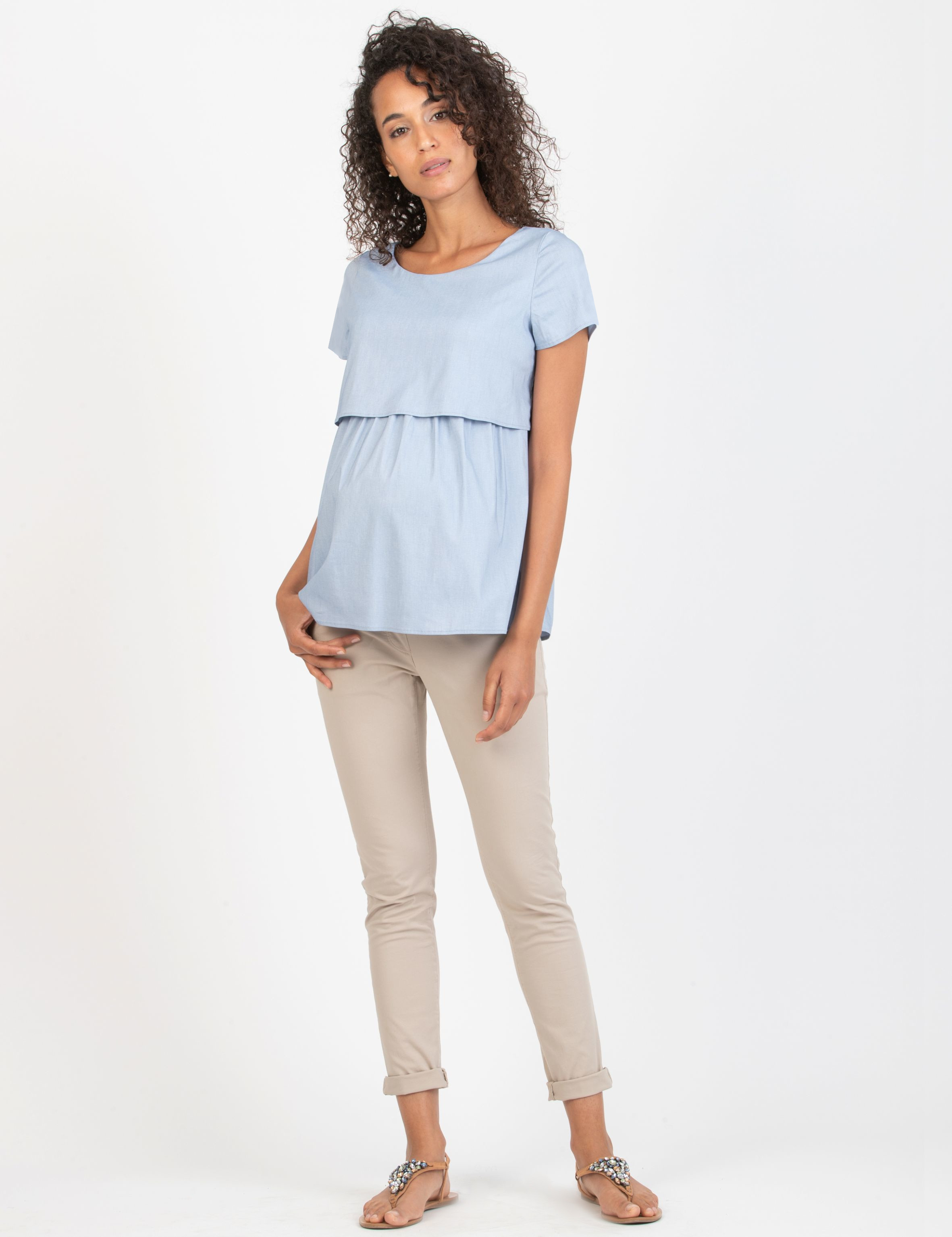 CLAUDIA - Double Layer Maternity & Nursing Blouse in Cotton Bengaline (Blue, XS)