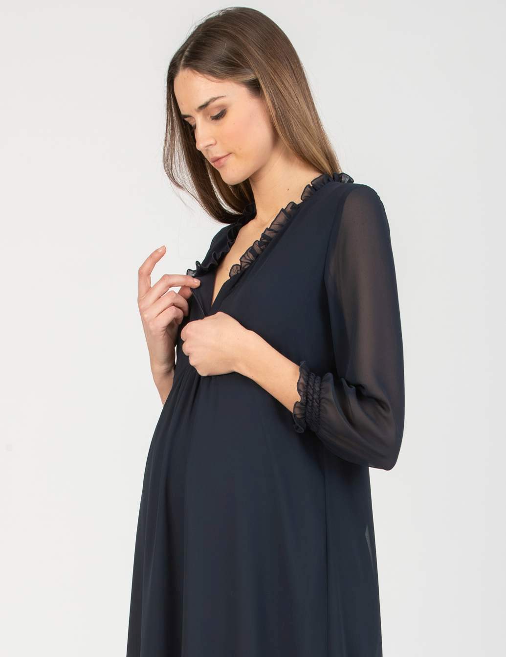DIANA - Chiffon Maternity & Nursing Dress with Ruffle Trims on the Neck (Dark Blue, XS)