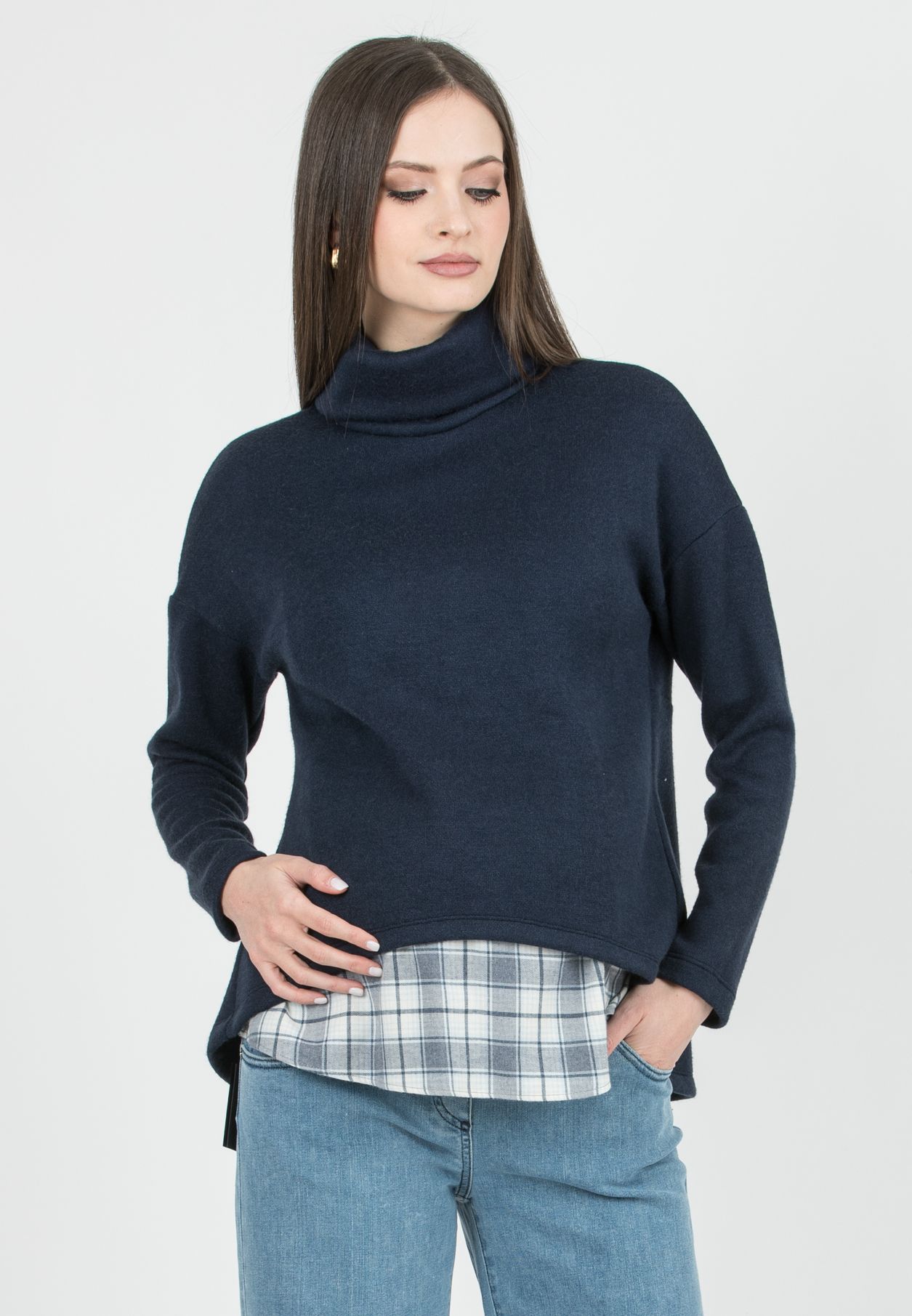 ASTRID - Maternity & Nursing Turtleneck Sweater with Shirt Insert (Blu)