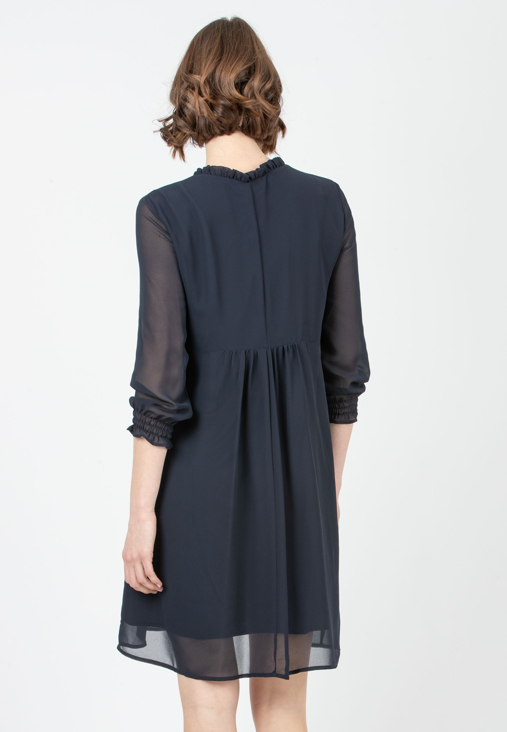DIANA - Chiffon Maternity & Nursing Dress with Ruffle Trims on the Neck (Dark Blue, XS)