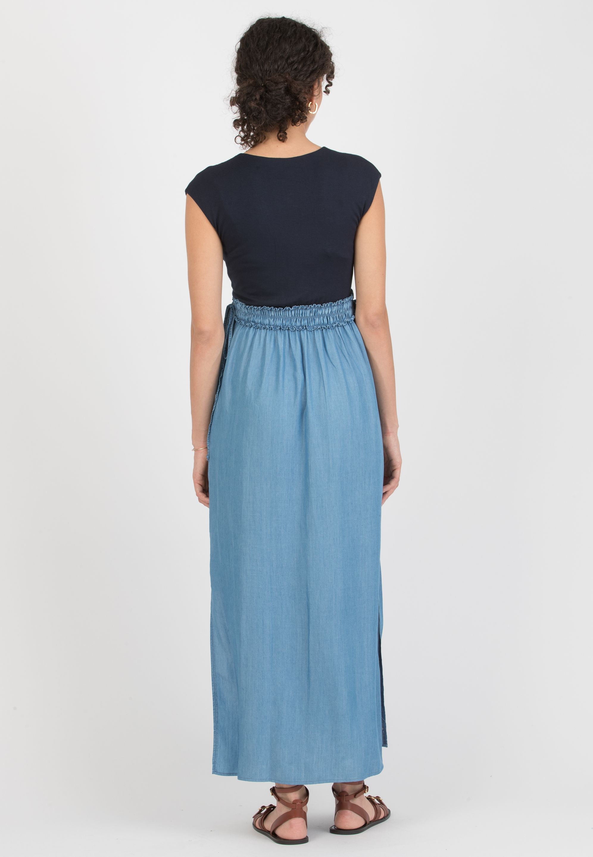 GAIA J - Abito Lungo Premaman & Allattamento in Tencel con Fascia di Elastici (Denim)