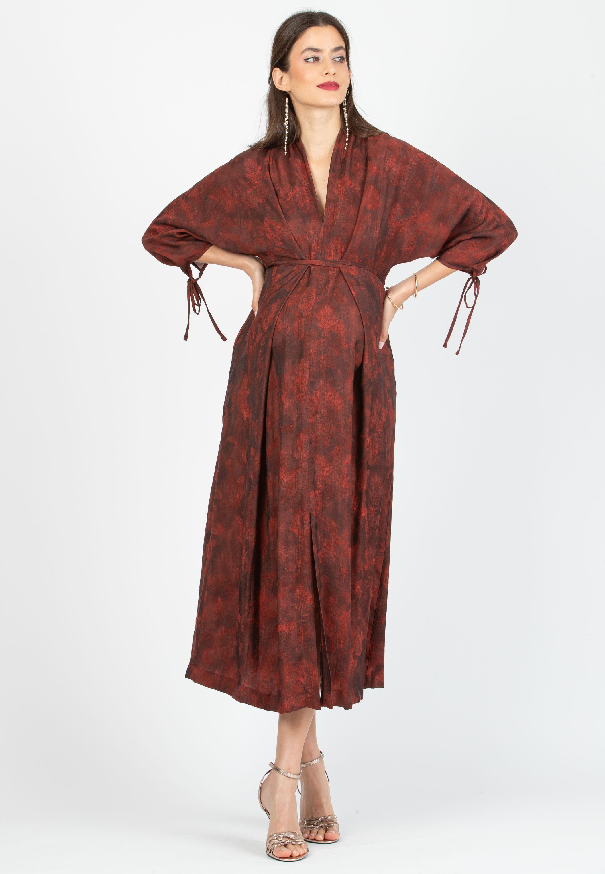 VIOLA - Maternity Kimono Dress in Viscose with Ties (Rosso India)