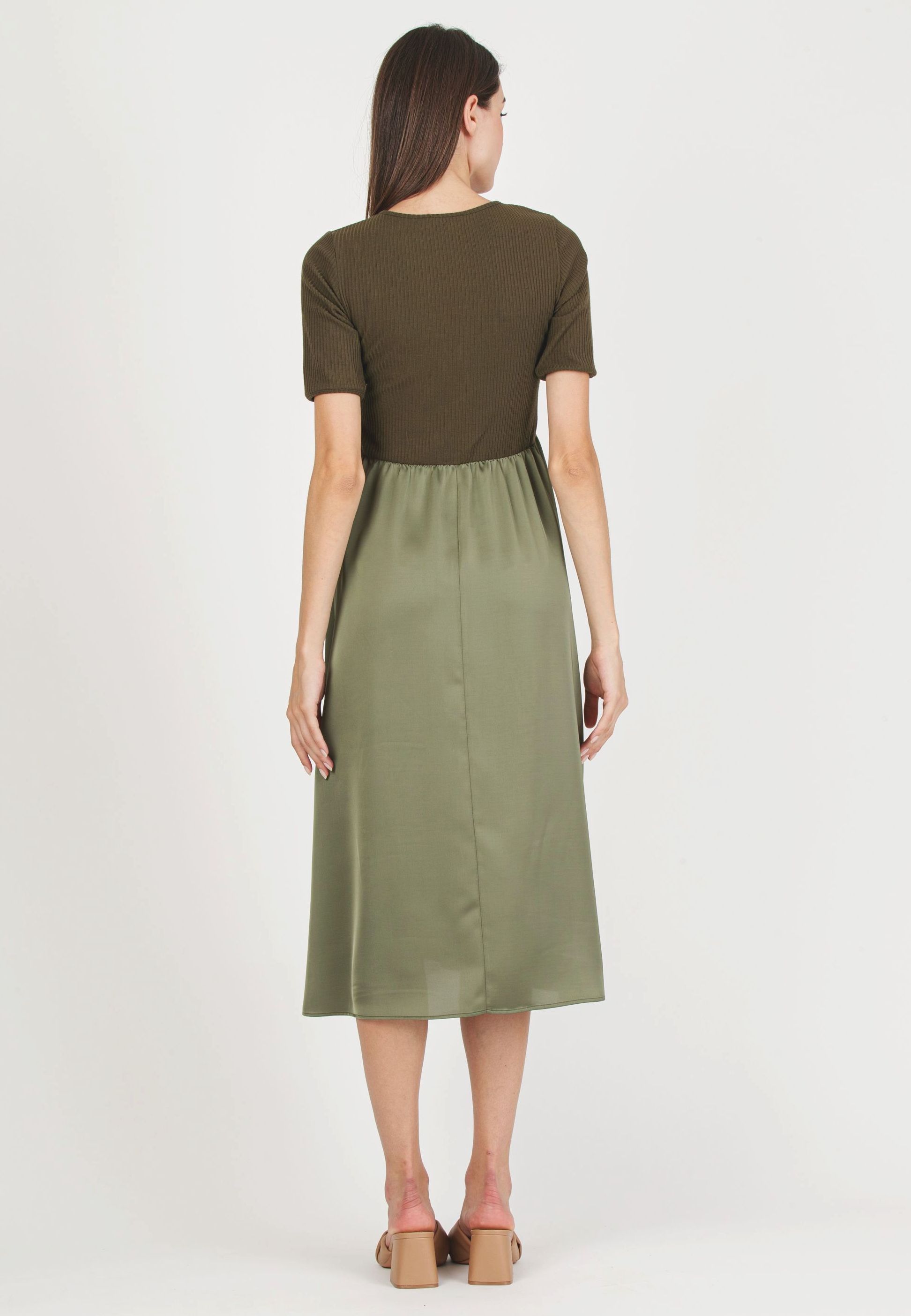 NASTIA - Abito Premaman in Costina con Gonna in Raso (Verde Militare, XS)