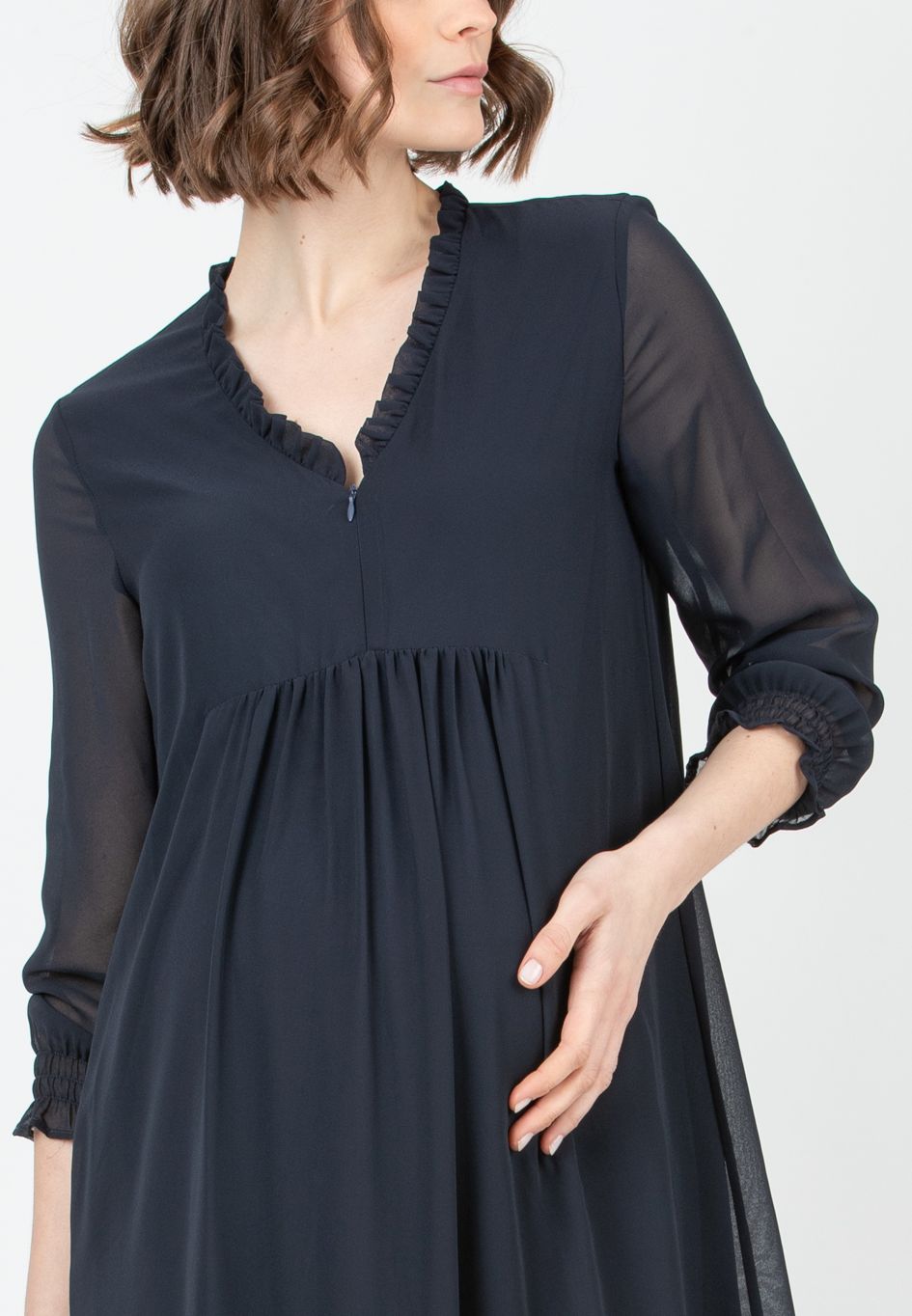 DIANA - Chiffon Maternity & Nursing Dress with Ruffle Trims on the Neck (Dark Blue, XS)