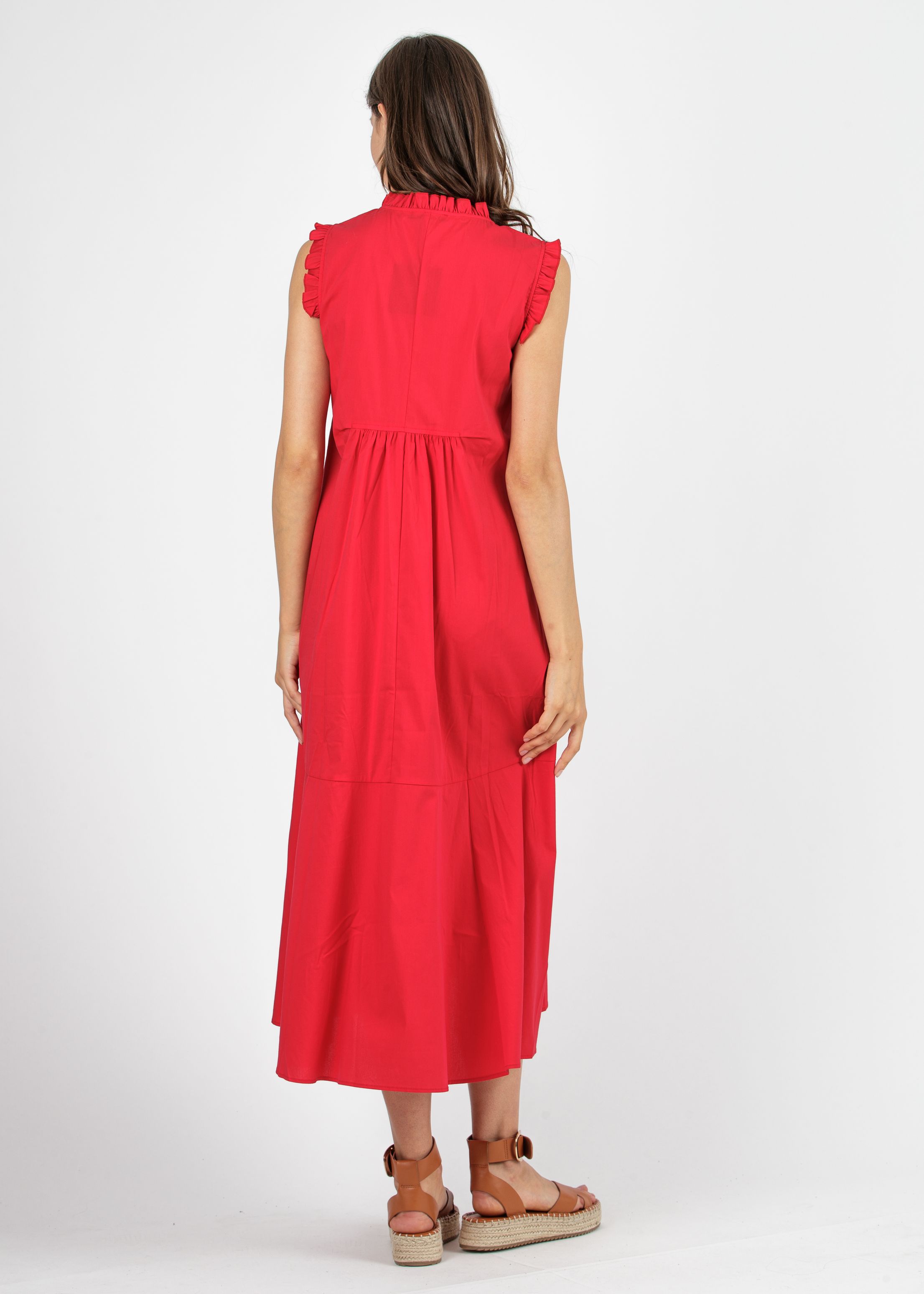 Midi Maternity Dress in Cotton Poplin with Frill Trims (Red, XS)