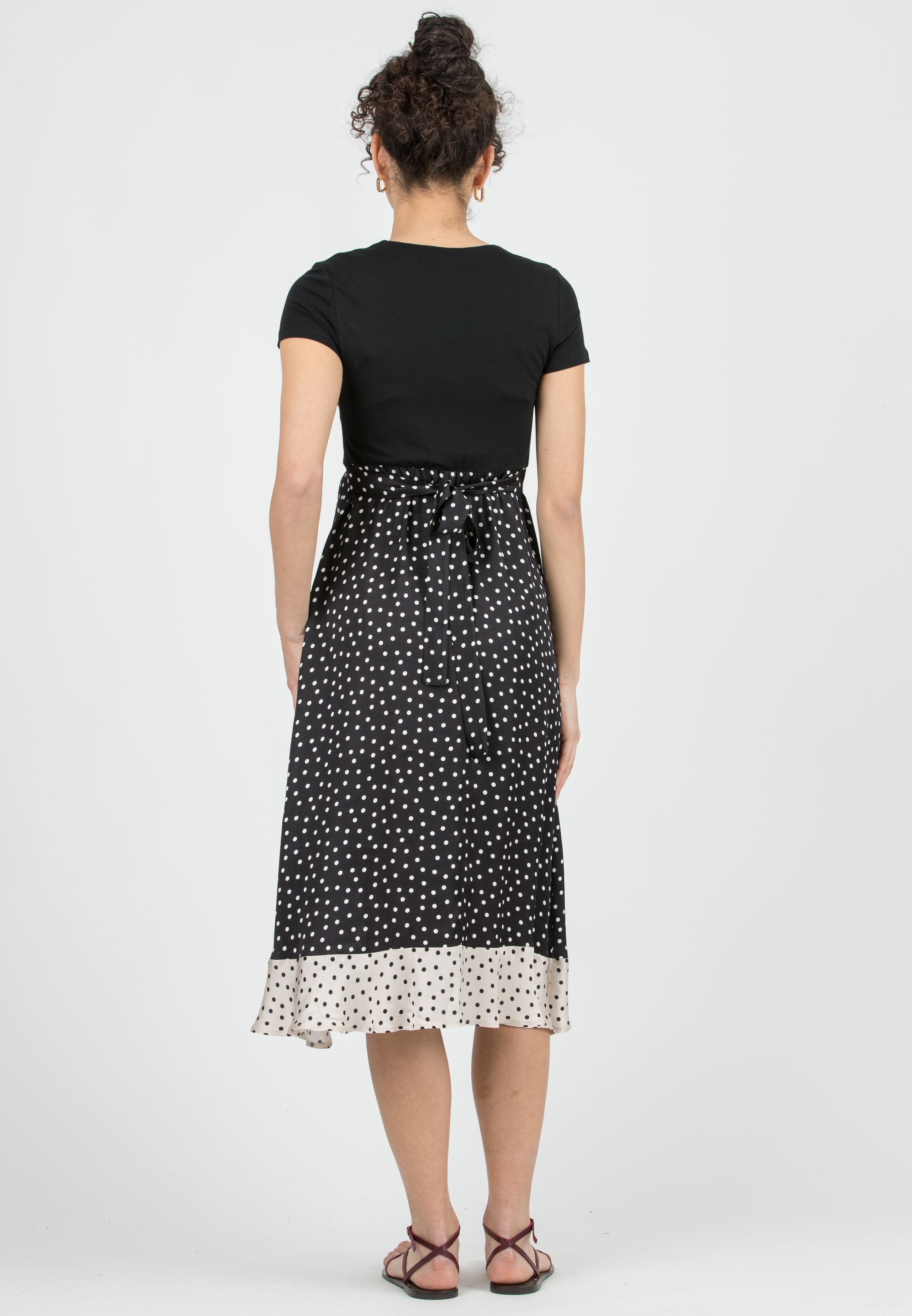 MARTA P - Maternity & Nursing Midi Dress with Polka Dot Skirt and Contrast Hem (Nero)