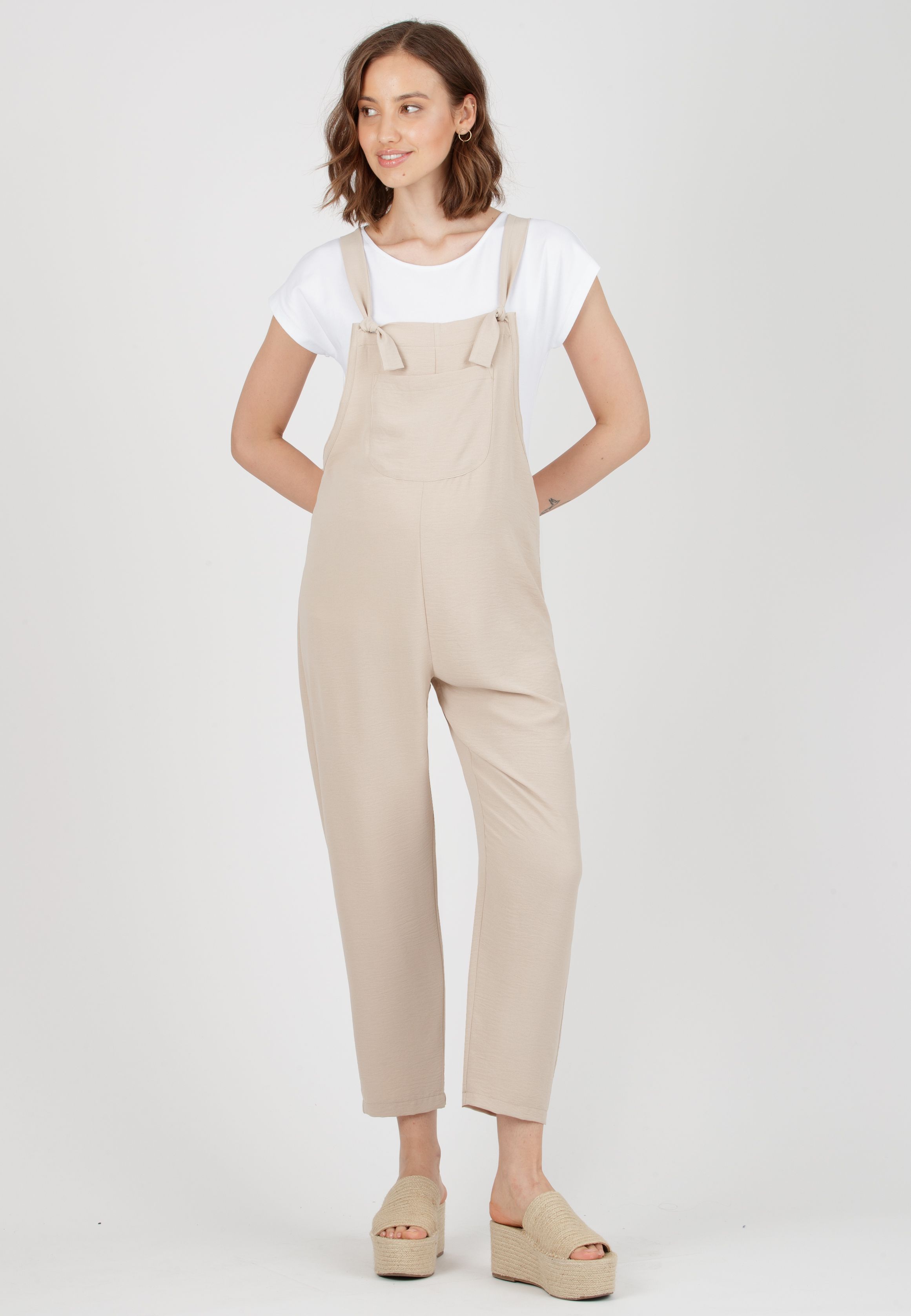 ESTER - Maternity Dungaree in Fluid Crepe Fabric (Beige, XS)