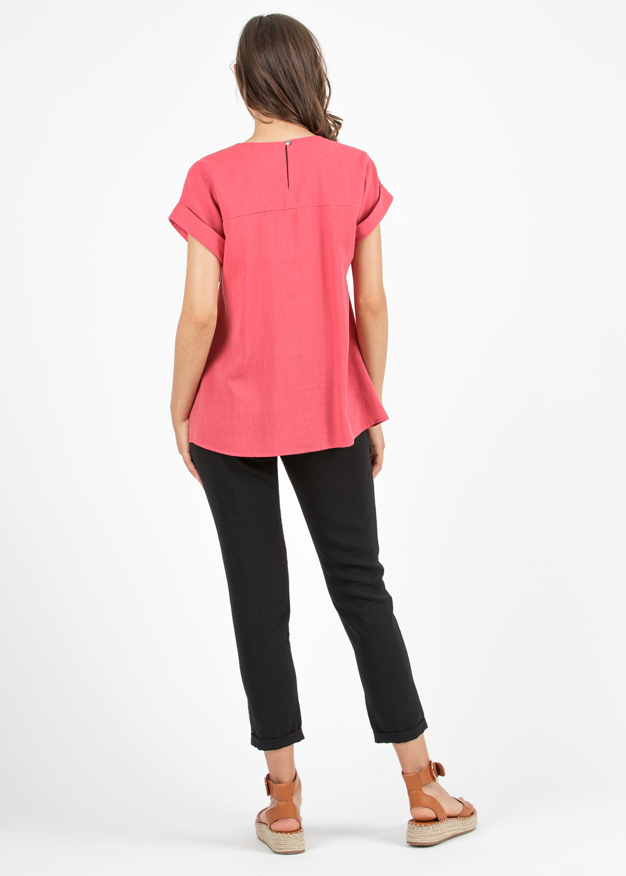 Camicetta Premaman in Tencel con Girocollo Arricciato e Manica con Risvolto (Rosso India, XS)