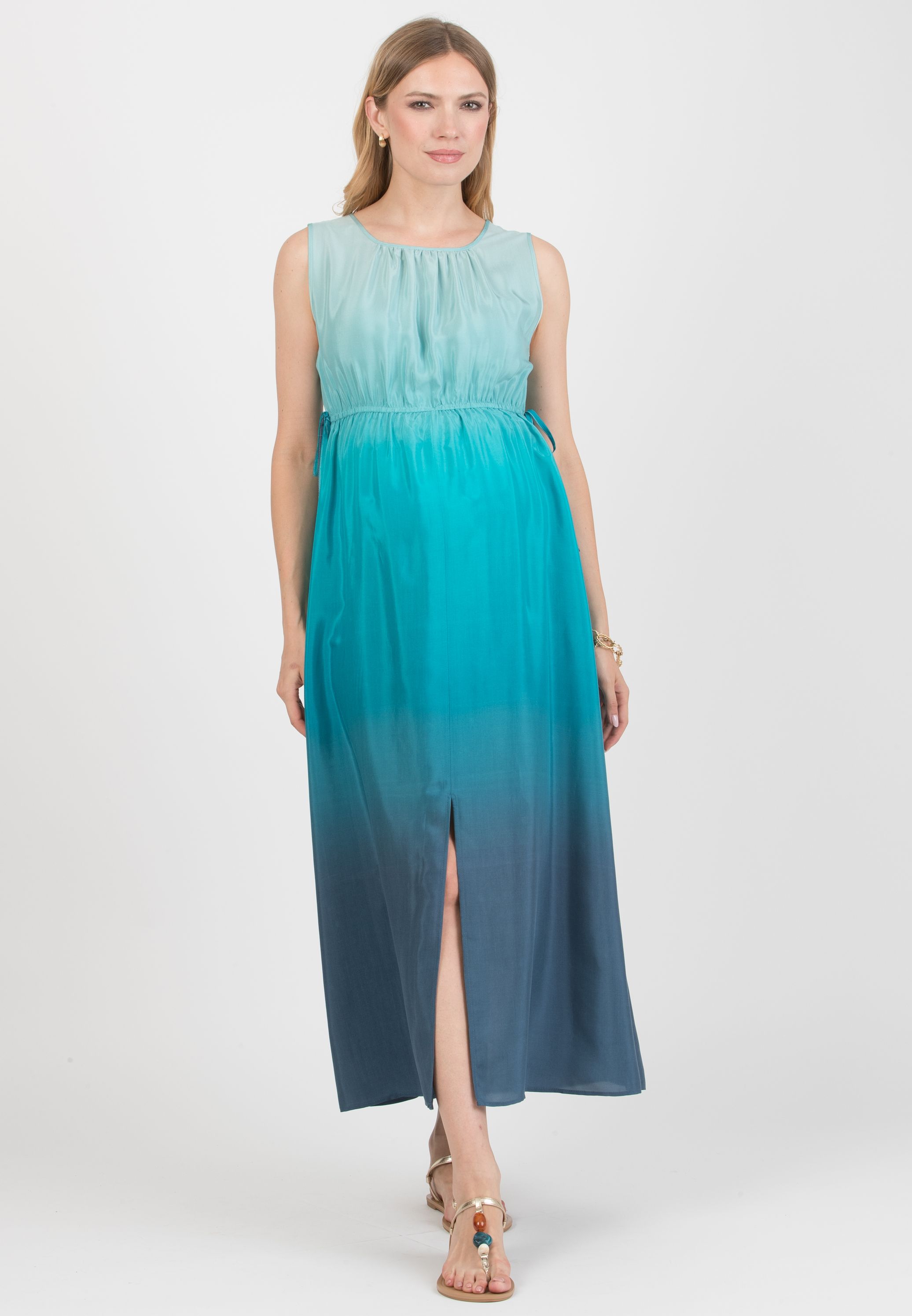 DEVA – Abito Premaman & Allattamento in Creponne di Viscosa Sfumato con Scollo Incrociato (Blu, XS)