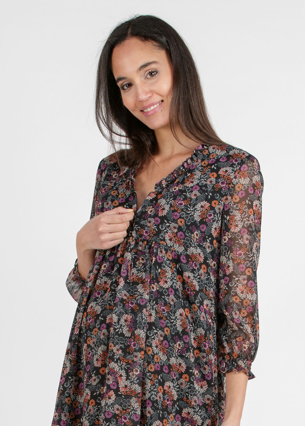 DIANA F - Printed Chiffon Maternity & Nursing Dress with Ruffle Trims on the Neck (Black, XS)