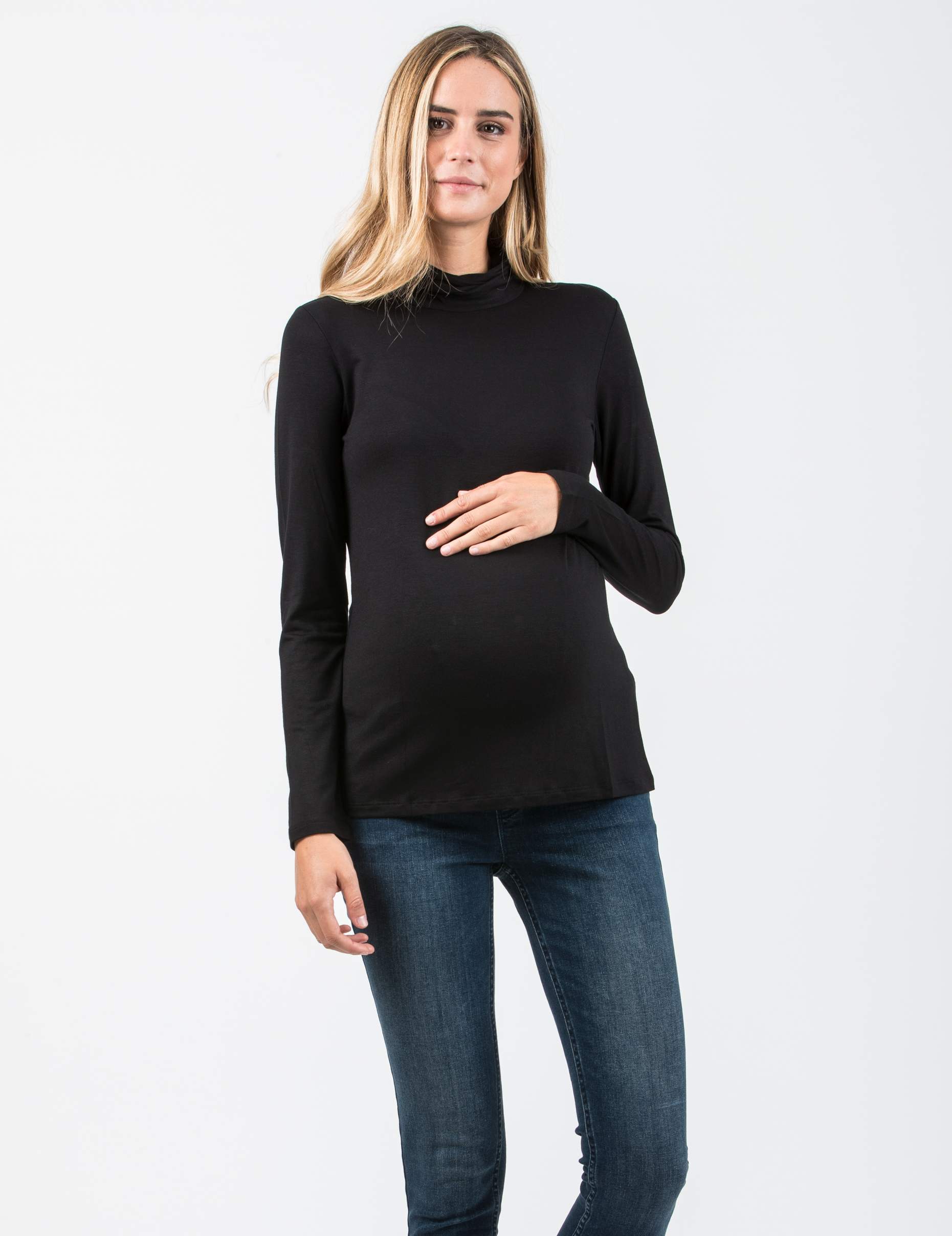 LARA - Long Sleeve Turtleneck Maternity Top with Side Gatherings (Nero)
