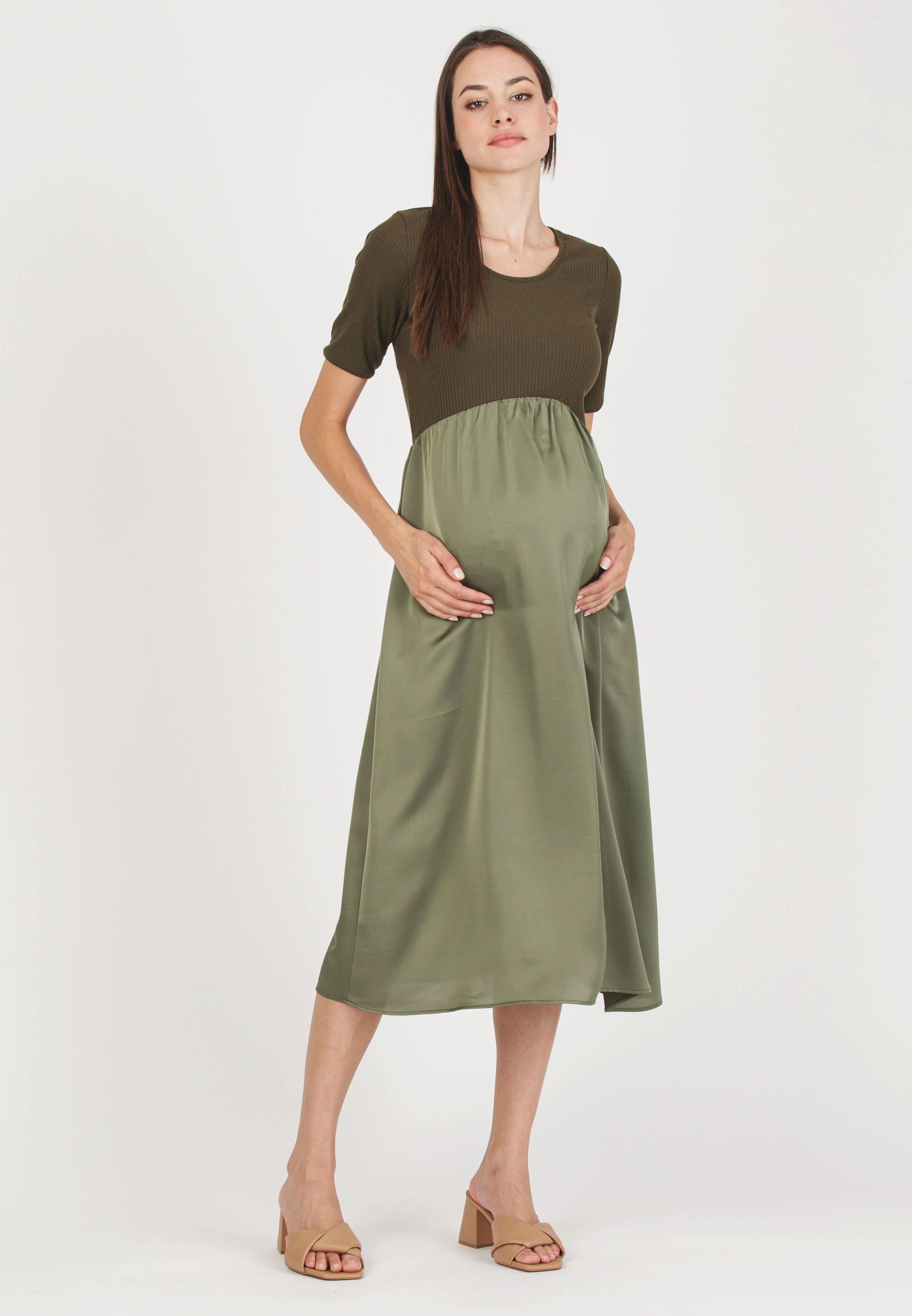 NASTIA - Abito Premaman in Costina con Gonna in Raso (Verde Militare, XS)