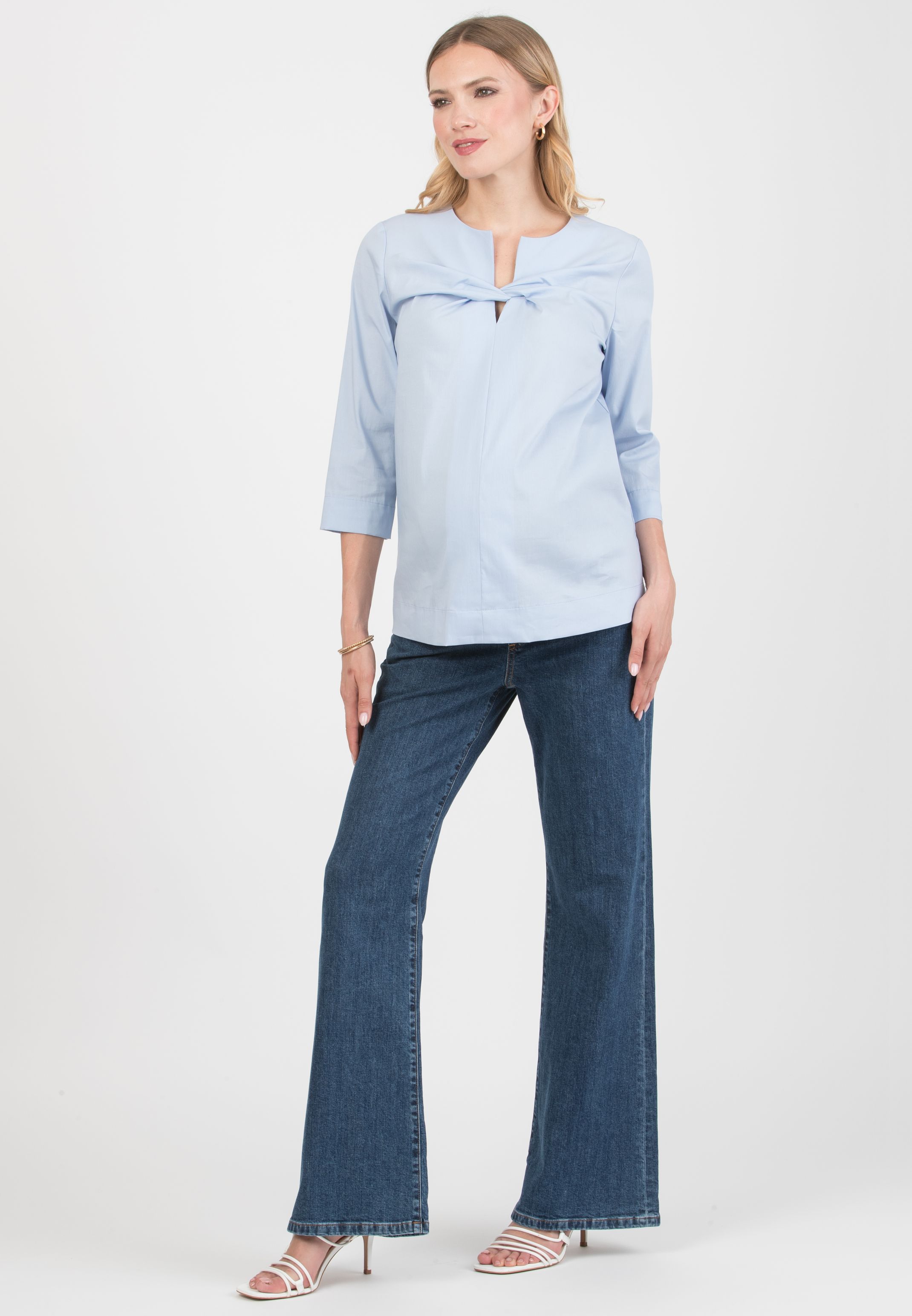 TEODORA – Maternity Poplin Cotton Shirt with Front Knot (Blue, XS)
