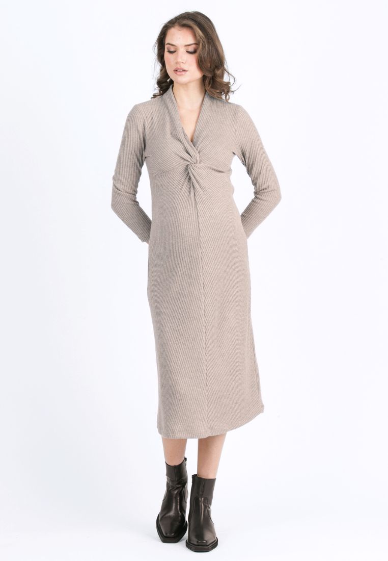 ISSA M/L – Abito Premaman & Allattamento in Maglia a Costina con Nodo (Marrone Melange)