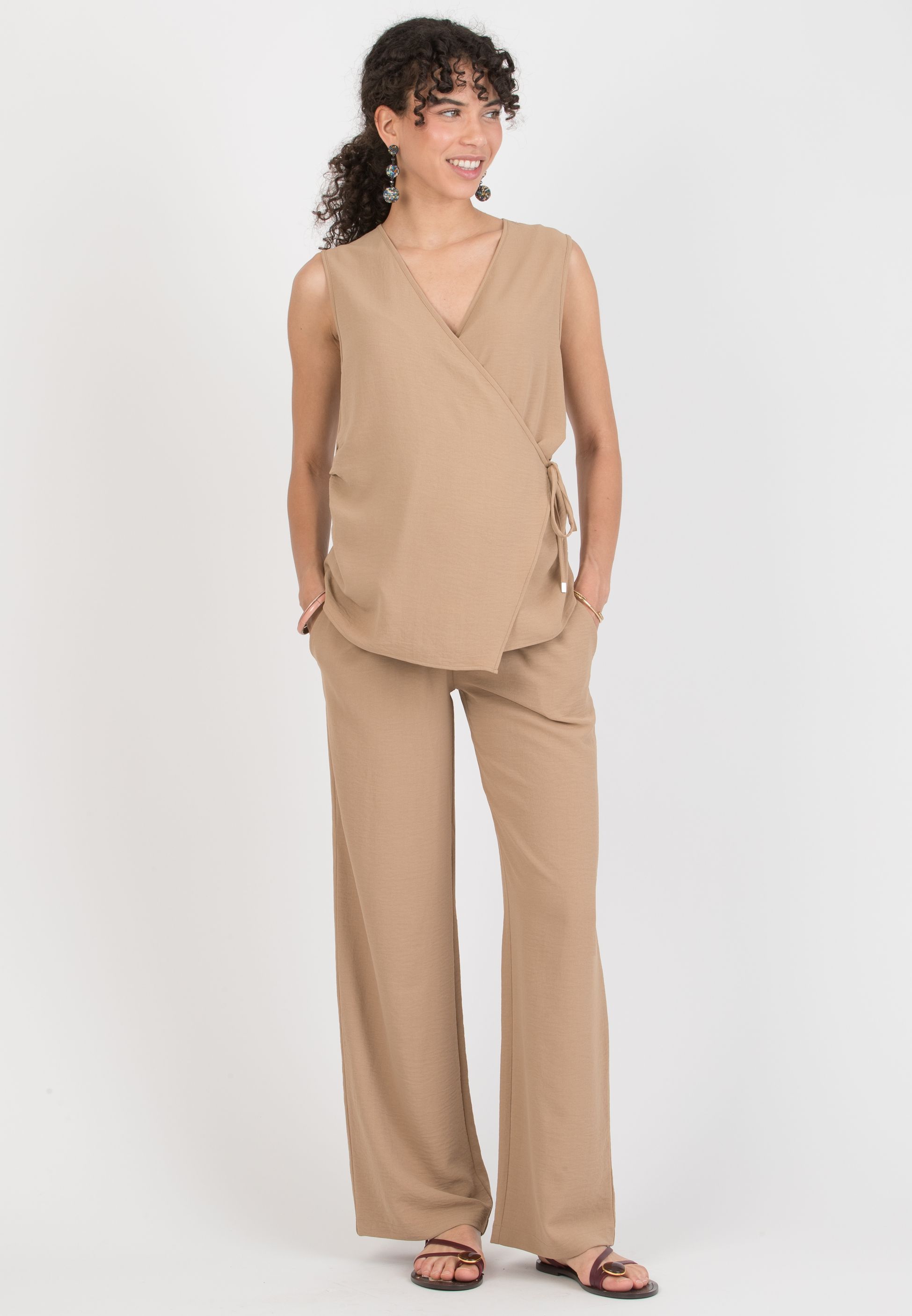 INES - Pantalone Premaman Fluido con Vita Bassa (Cammello)