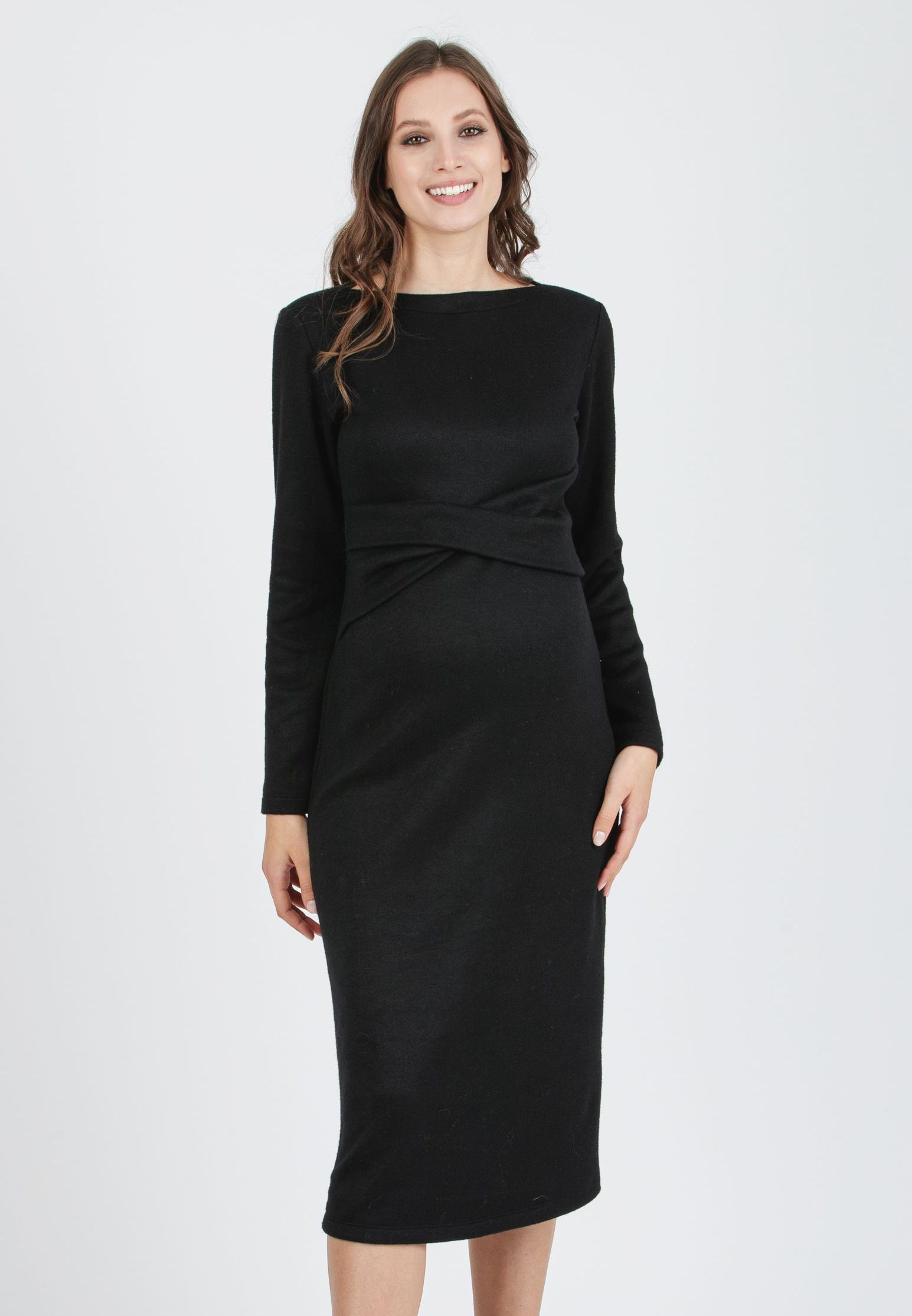 AMELIA - Abito Premaman Longuette in Maglia con Fascia in Vita (Nero, XS)